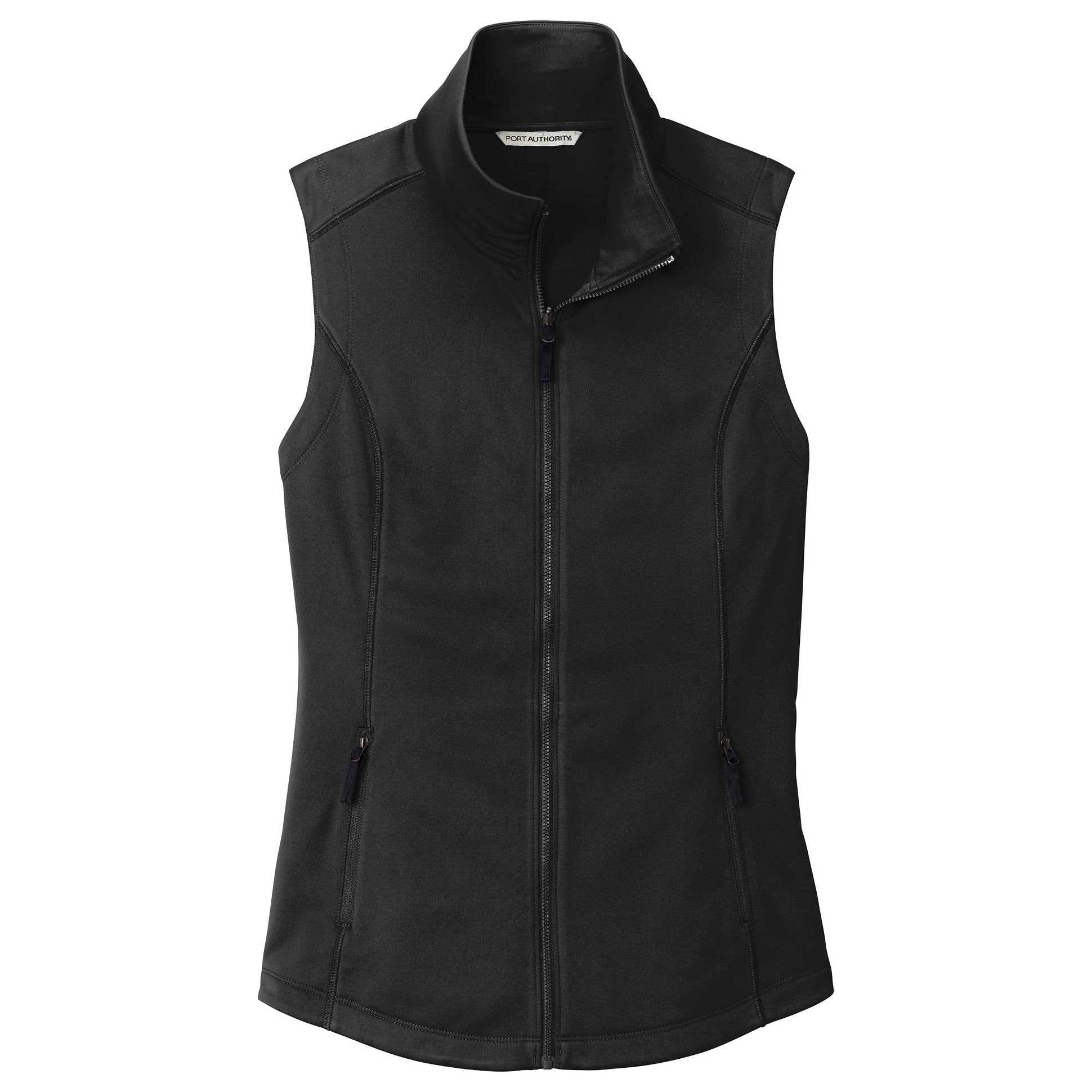 Black Port Authority women's full-zip fleece vest with a stand-up collar and zippered hand pockets.
