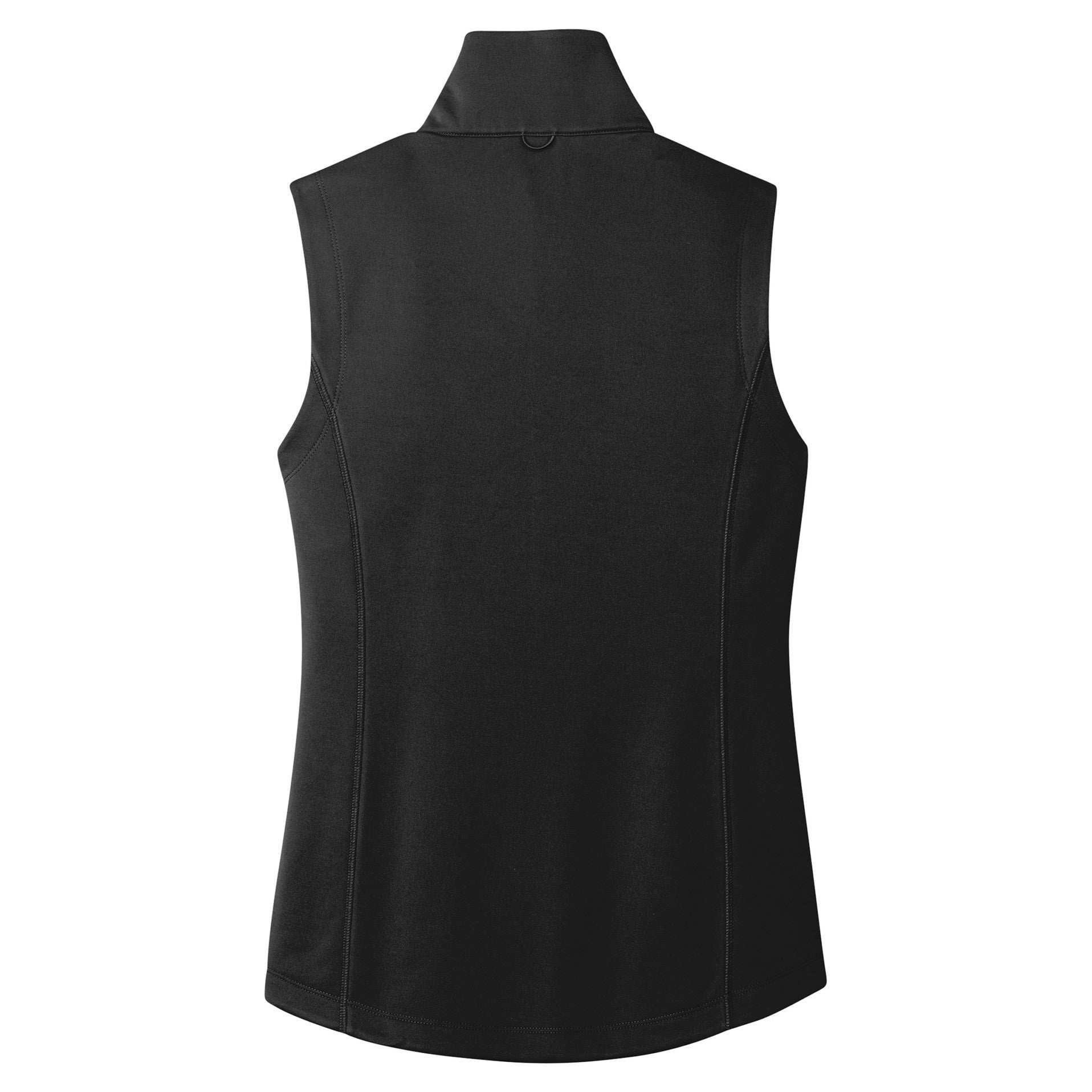 Back view of a solid black sleeveless vest with a high collar and vertical side seams.