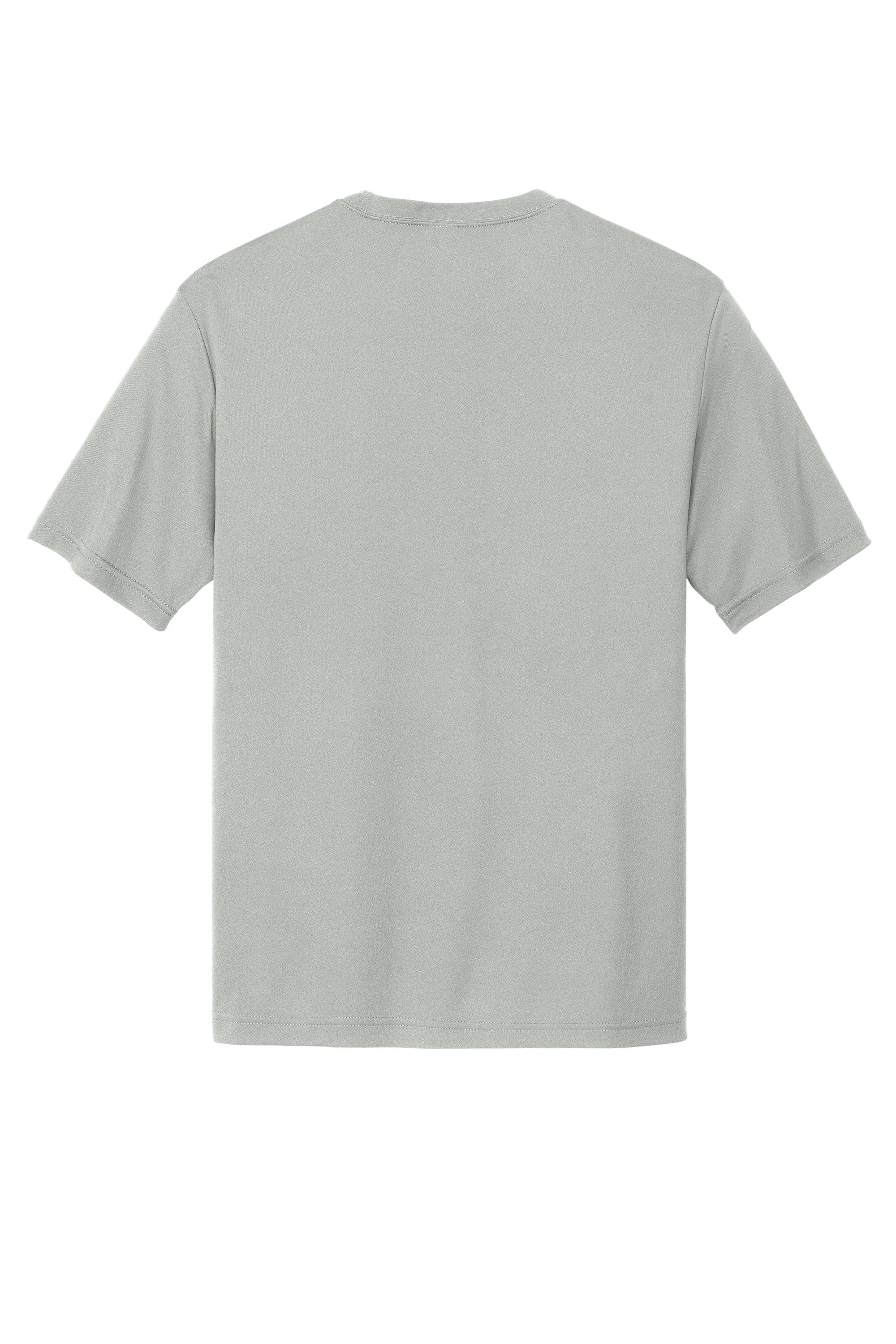 Back view of a plain light gray short-sleeved crewneck t-shirt against a white background.