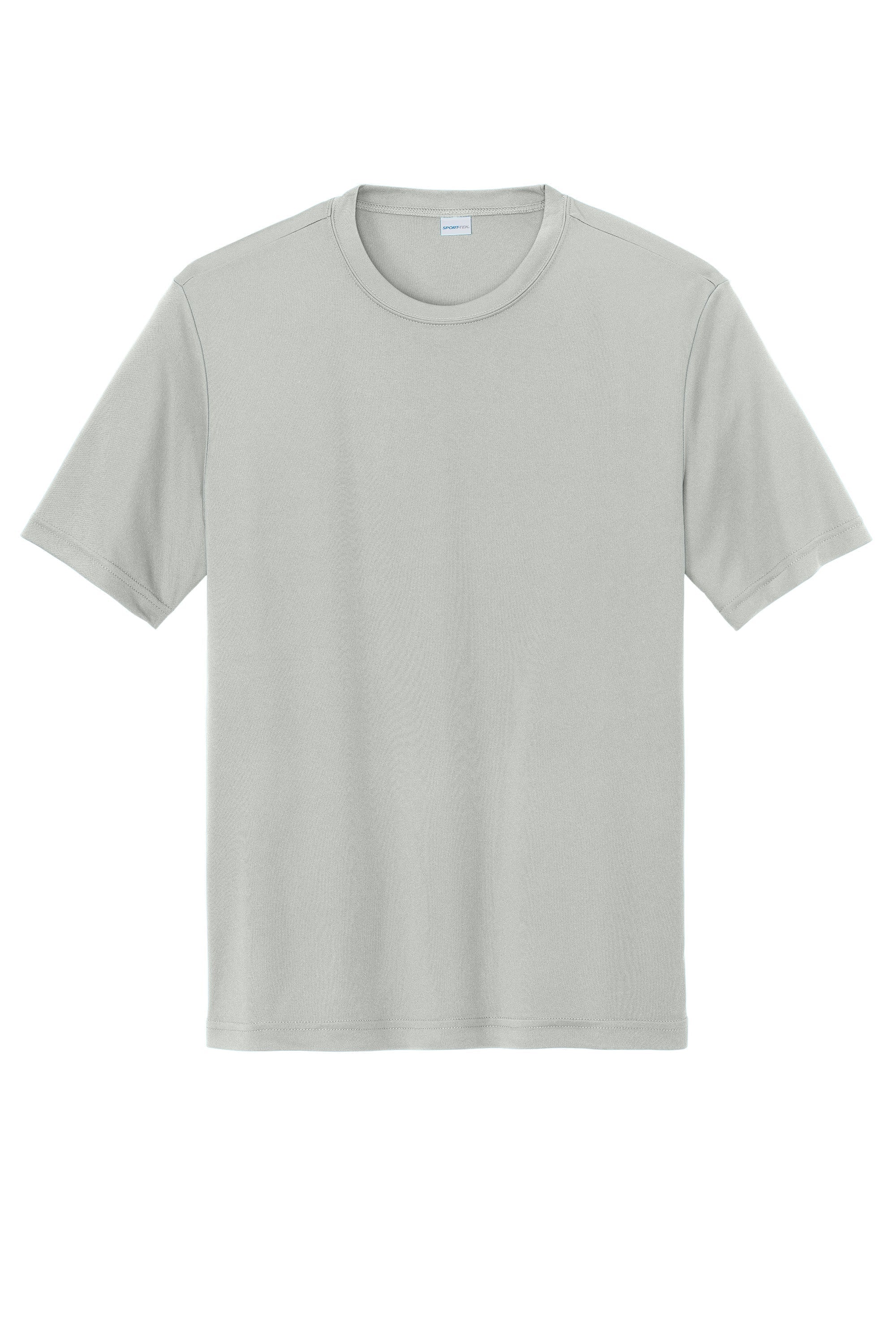 A plain, light grey short-sleeved crew neck t-shirt displayed flat against a white background with a visible Sport-Tek tag in the collar.