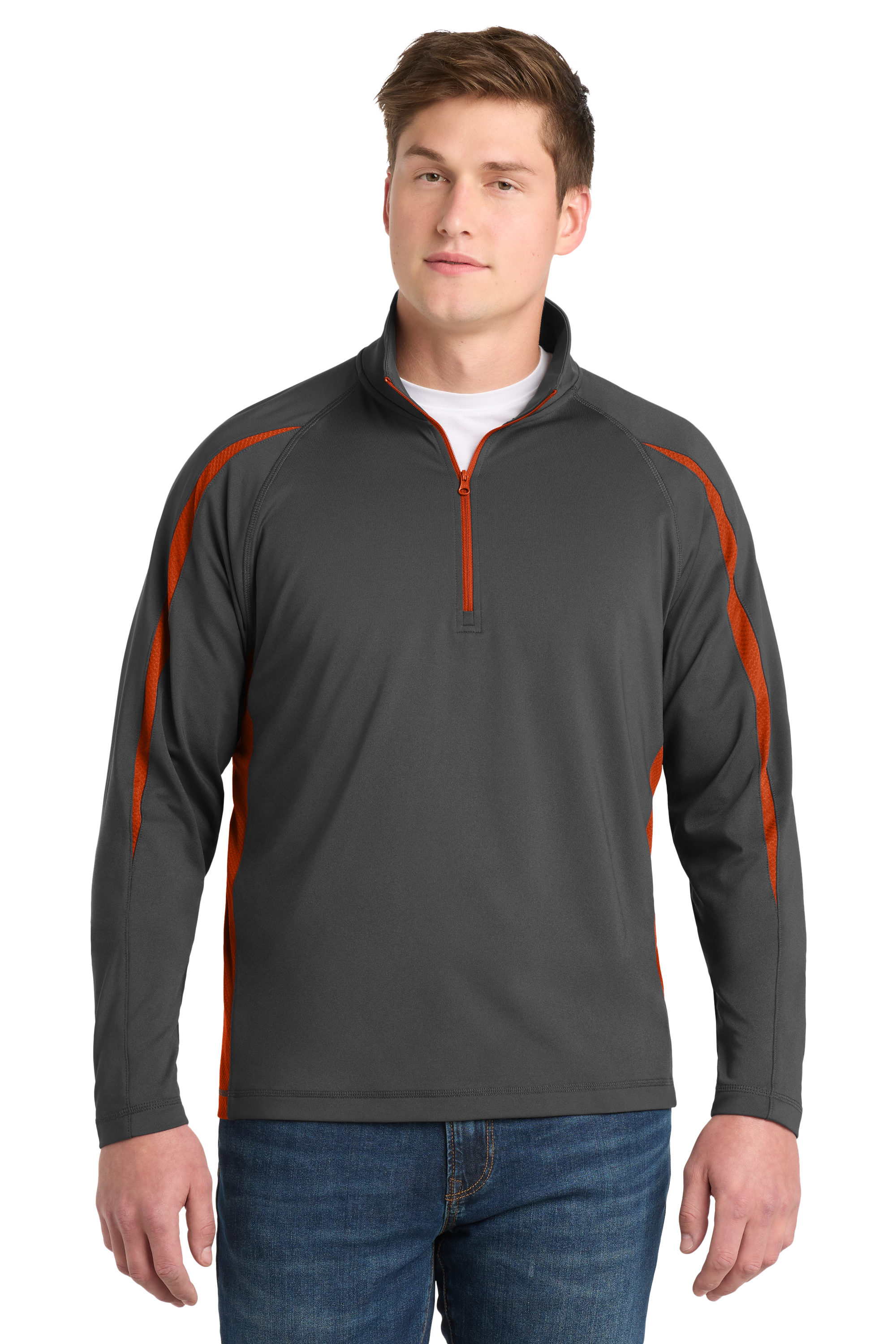Sport-Tek Sport-Wick Stretch 1/4-Zip Colorblock Pullover-Charcoal/Orange