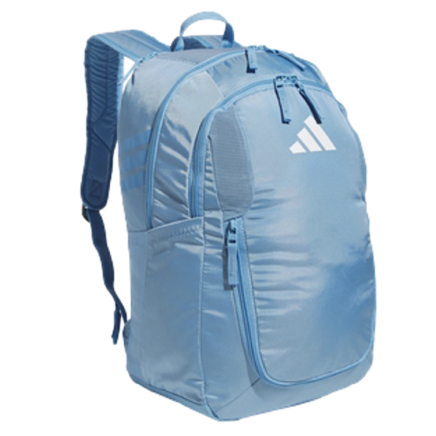 A light blue Adidas backpack with a white logo and multiple zippered compartments.