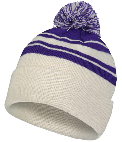 Knit Fold Over Pom-Pom Beanie - Oat/Purple