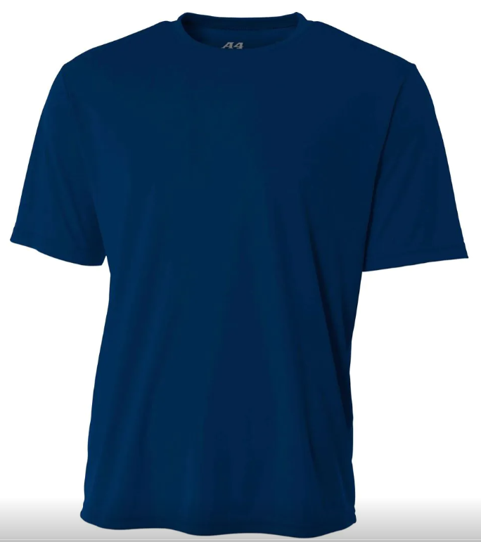 A plain navy blue short-sleeved crew neck t-shirt shown against a white background.