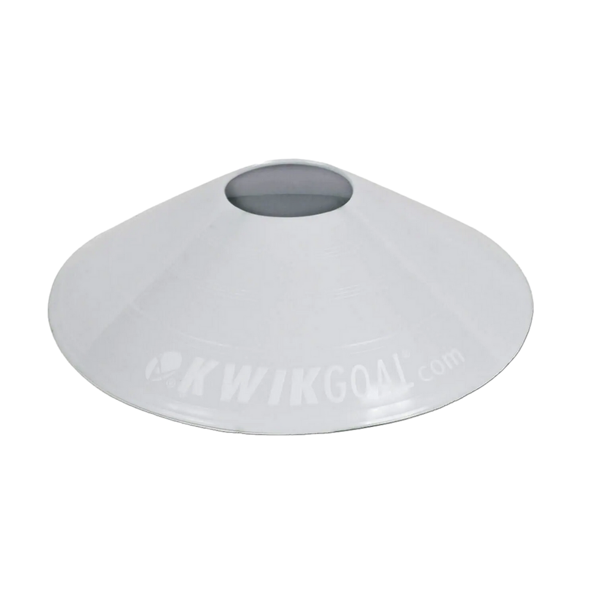 A white Kwik Goal brand saucer cone for sports training, shown against a solid black background.