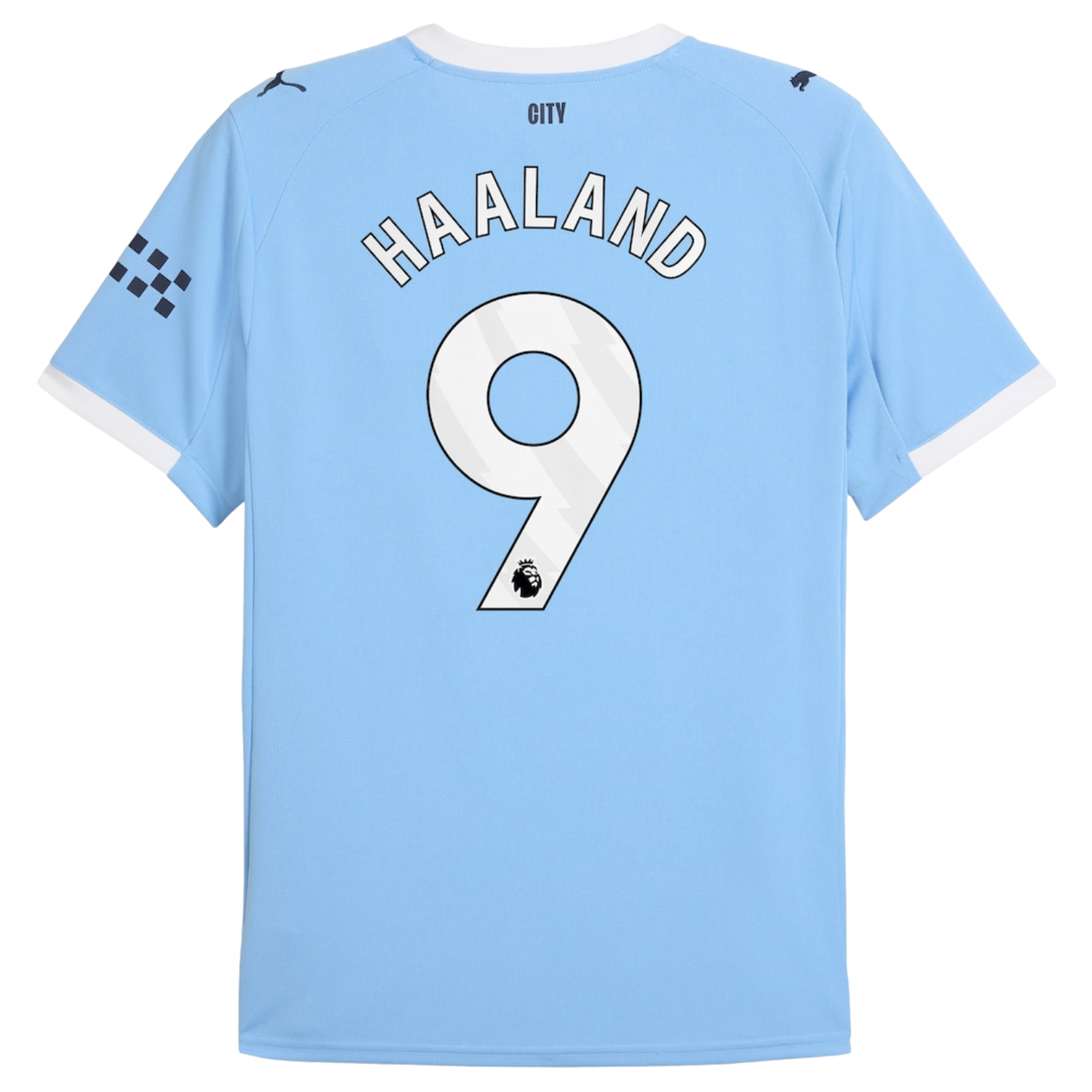Back view of a light blue Manchester City jersey with "HAALAND" and the number "9" in white. It features white trim, the word "CITY" at the neck, and Puma logos on the shoulders.