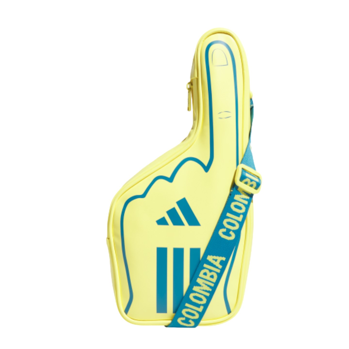 A yellow foam-finger shaped crossbody bag from Adidas with teal accents and a 'COLOMBIA' branded strap.