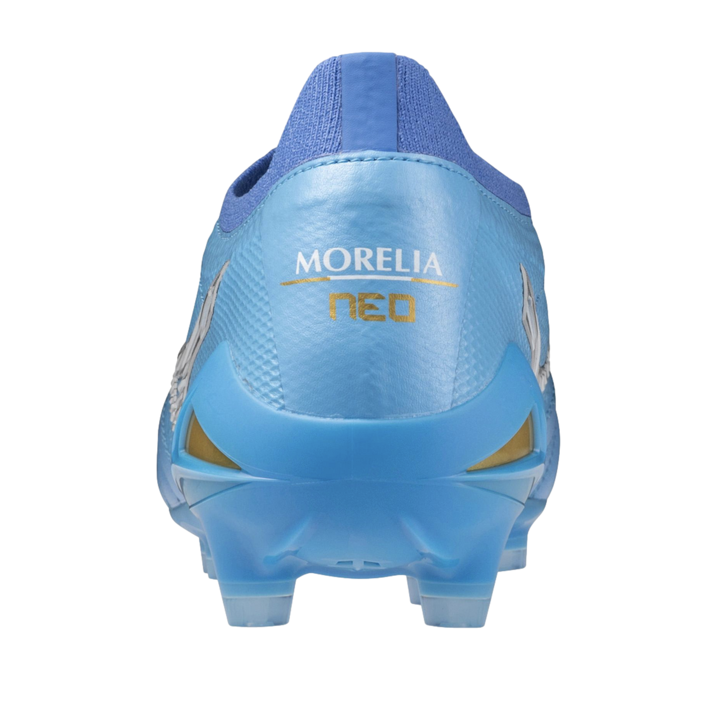 Rear view of a light blue soccer cleat with "MORELIA NEO" in white and gold on the heel, featuring an external heel counter and visible studs.