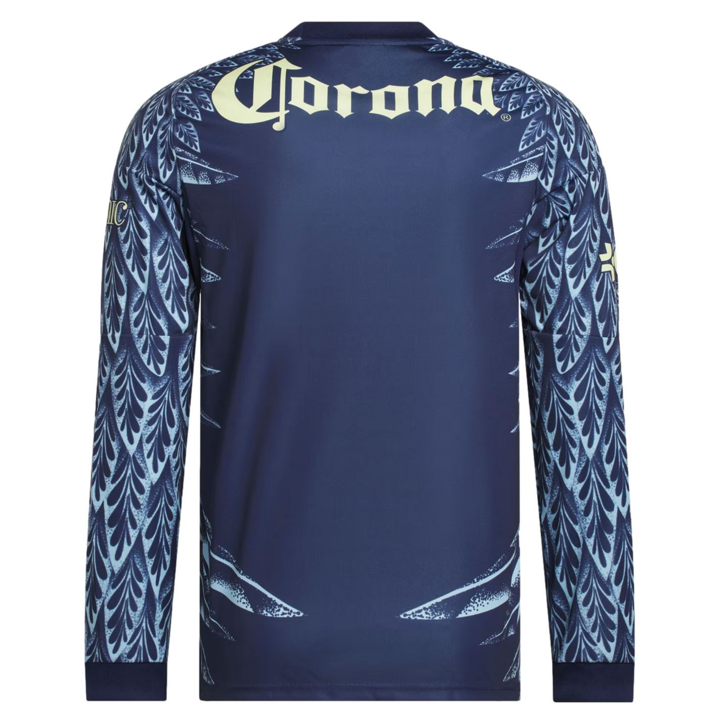 Back of a navy soccer jersey with a cream "Corona" logo and light blue feather patterns on the sleeves and lower sides.