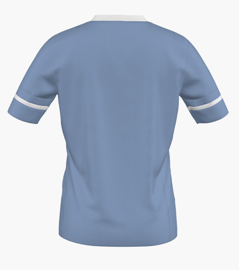 Back view of a light blue short-sleeved shirt with white trim on the collar and sleeve cuffs.