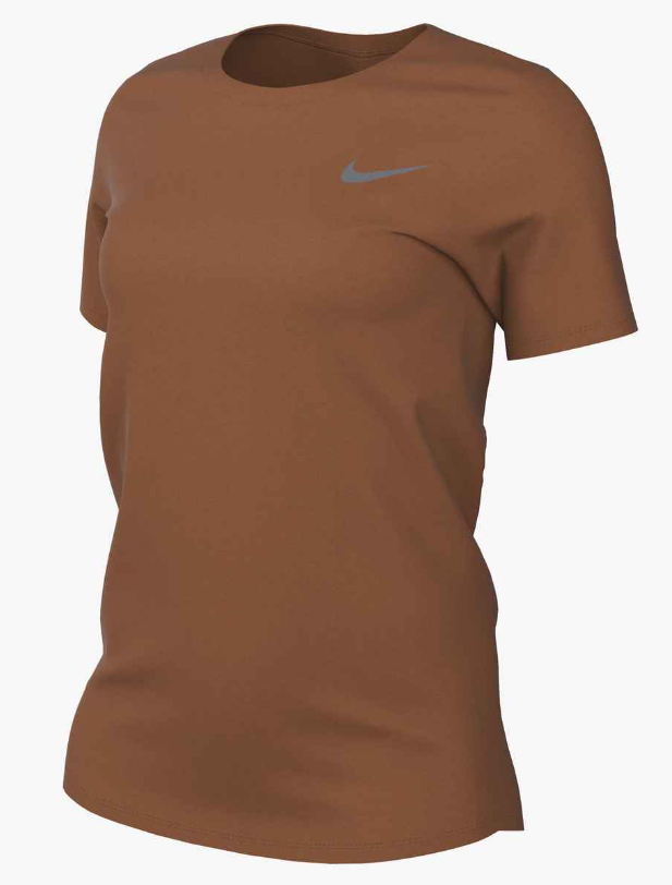 A women's brown Nike short-sleeved t-shirt featuring a crew neck and a reflective silver swoosh logo on the upper left chest.