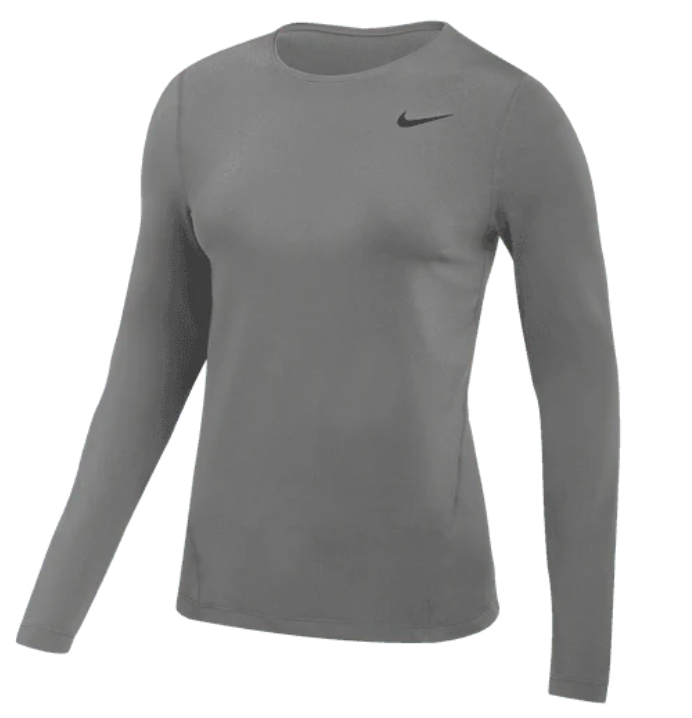 Grey Nike long-sleeve athletic shirt with a crew neck and black swoosh logo on the upper left chest.