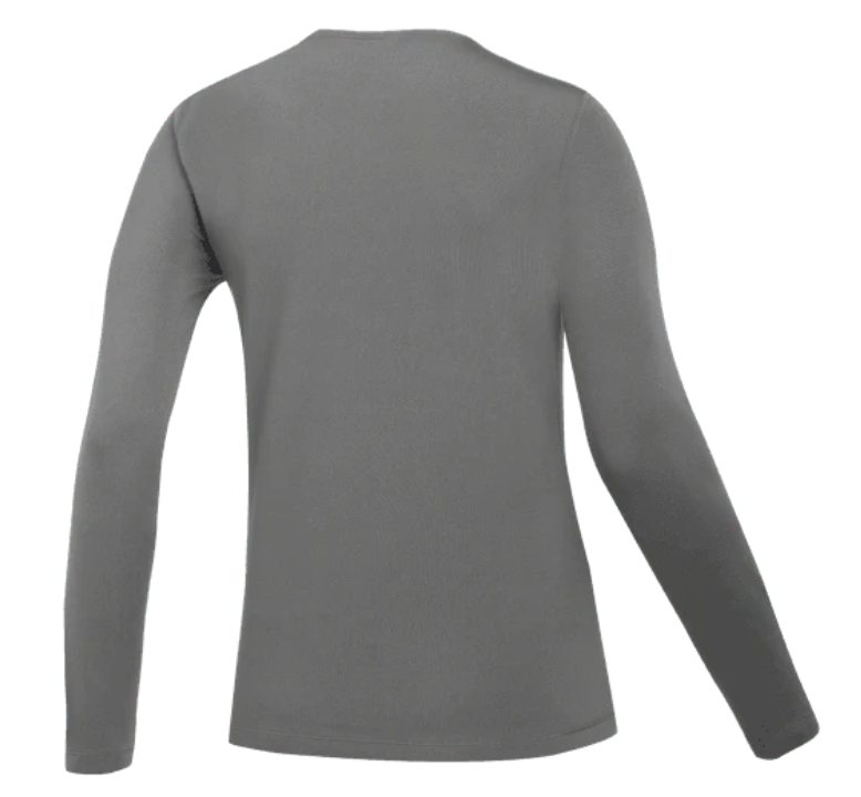 Back view of a solid gray long-sleeved crewneck shirt.