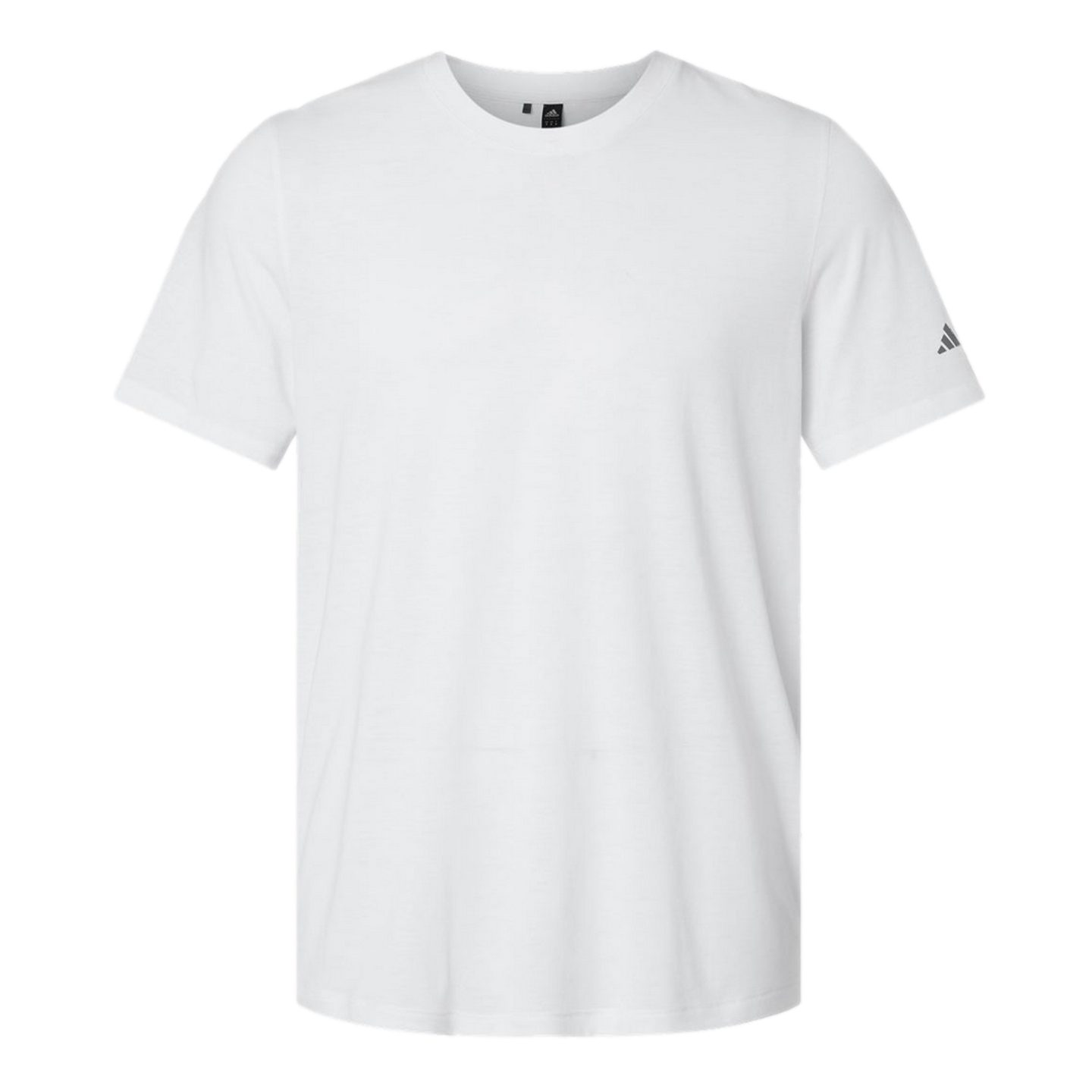 A white short-sleeve crew neck t-shirt with a small grey Adidas logo on the sleeve, centered on a black background.