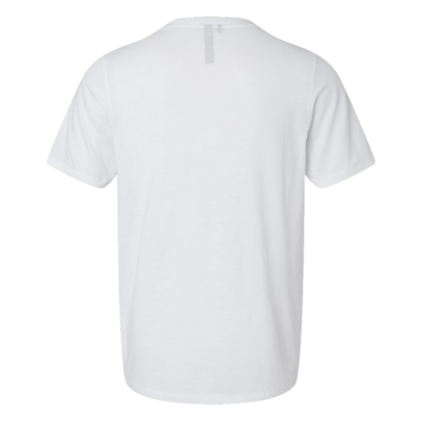 Back view of a plain white, short-sleeved crewneck t-shirt on a solid black background.