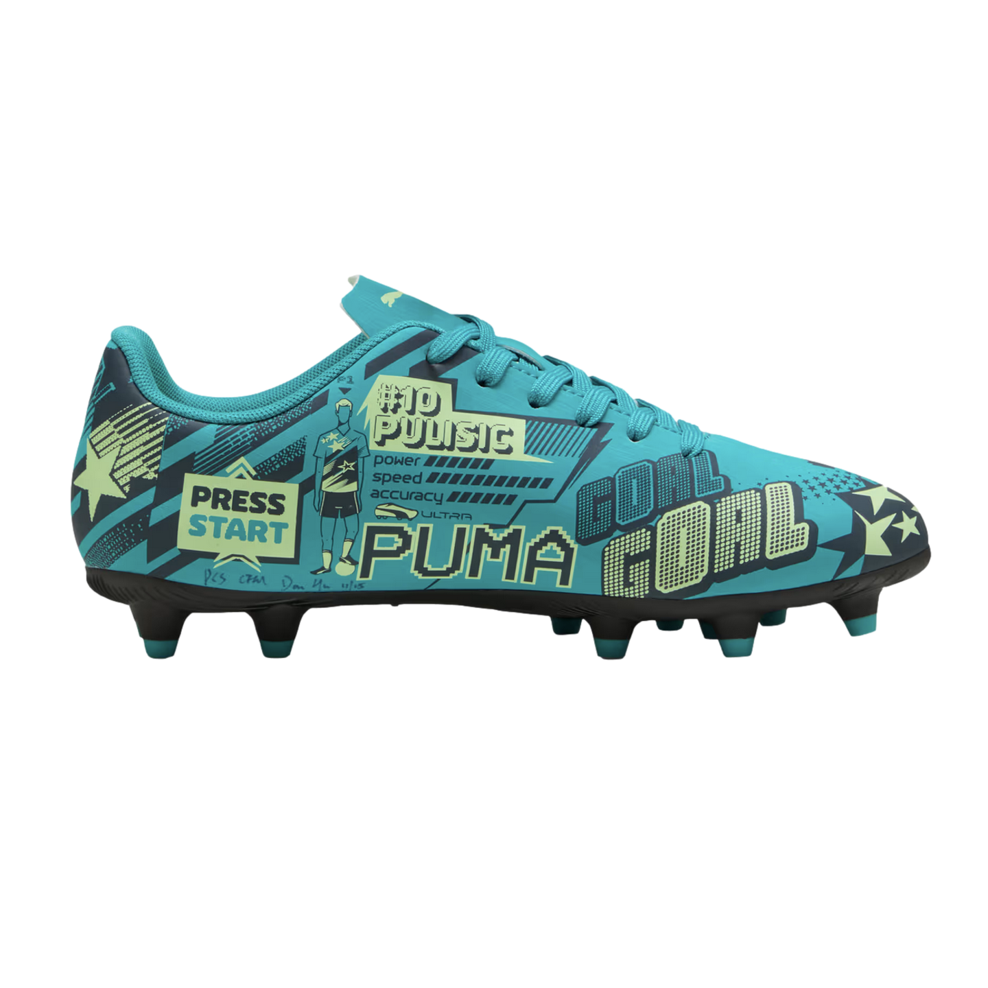 Teal Puma soccer cleat with a retro video game theme featuring "#10 PULISIC", "PRESS START", and lime green graphics. Isolated on a black background.