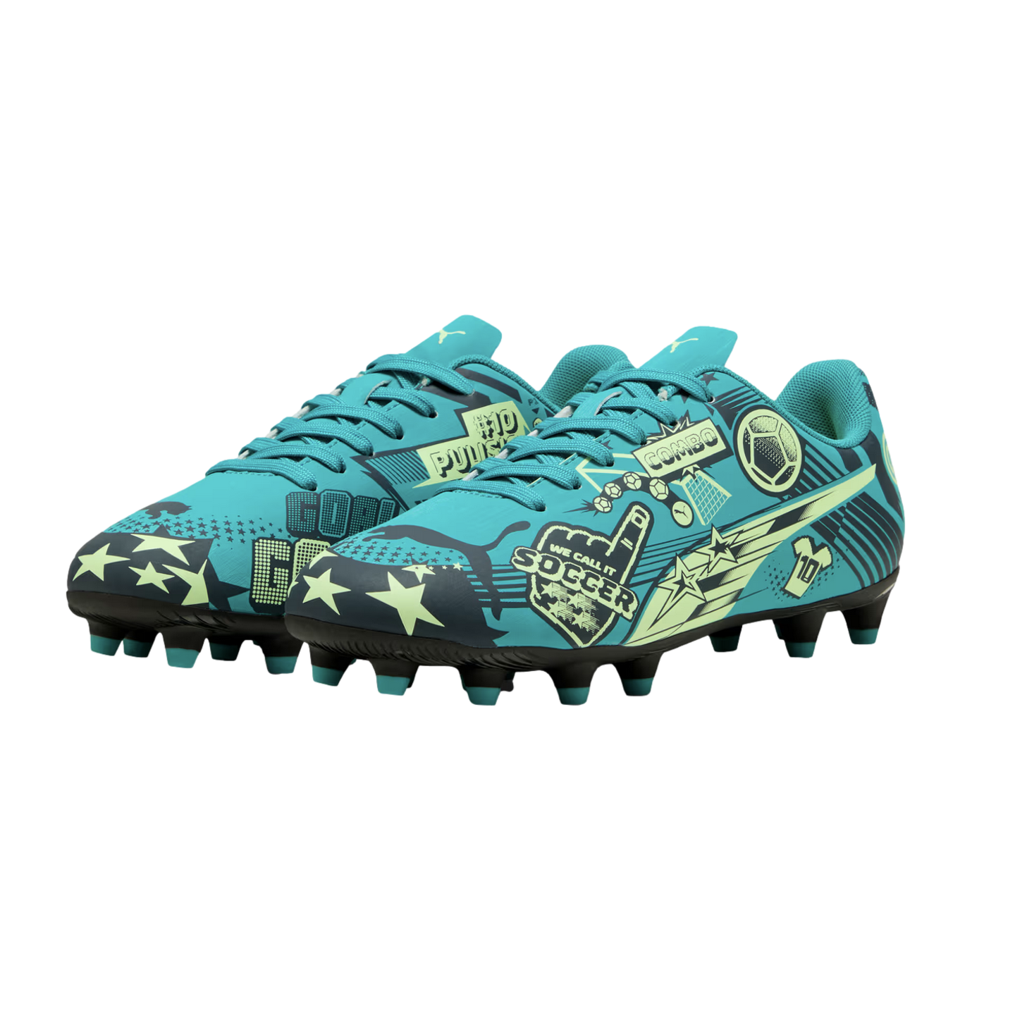 A pair of teal Puma soccer cleats decorated with lime green and black comic-style graphics, including stars and the words "SOCCER" and "GOAL."