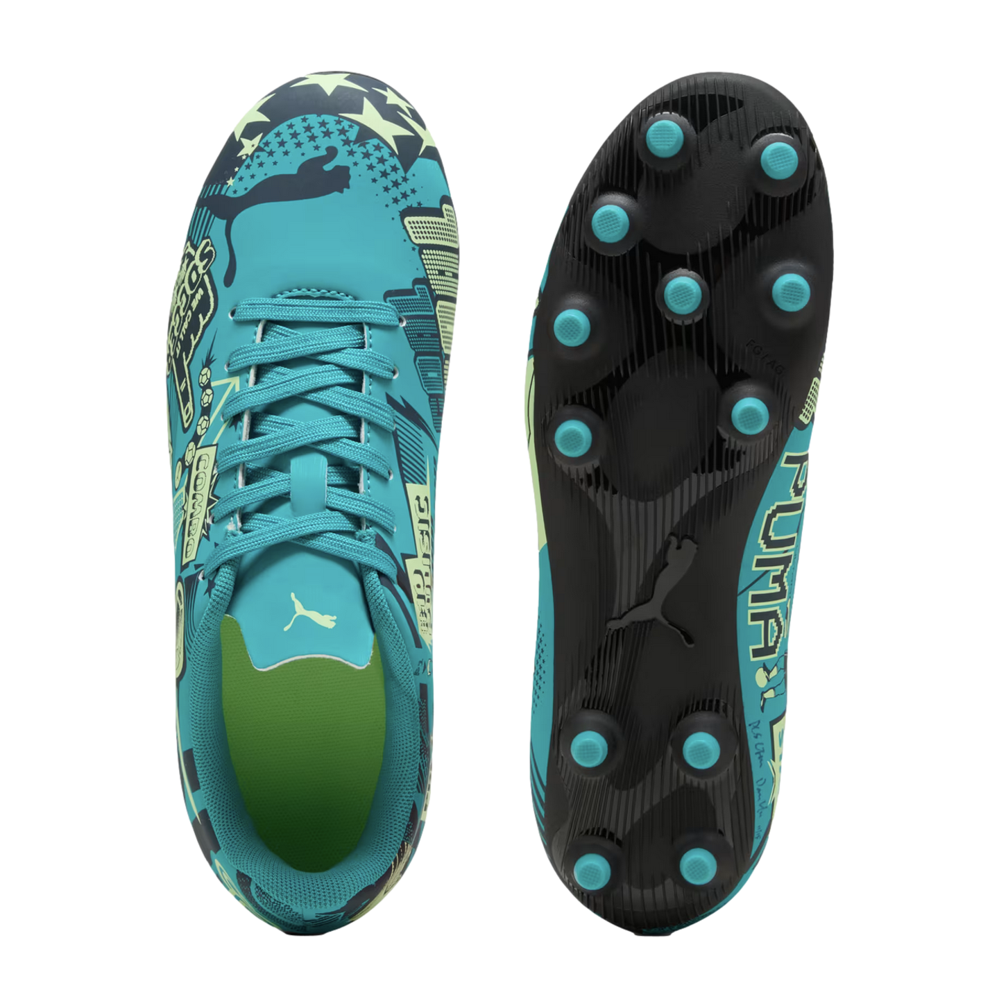 Top and bottom views of a teal Puma soccer cleat with comic-style graphics and stars. The black sole features teal studs, and the shoe's interior is bright lime green.