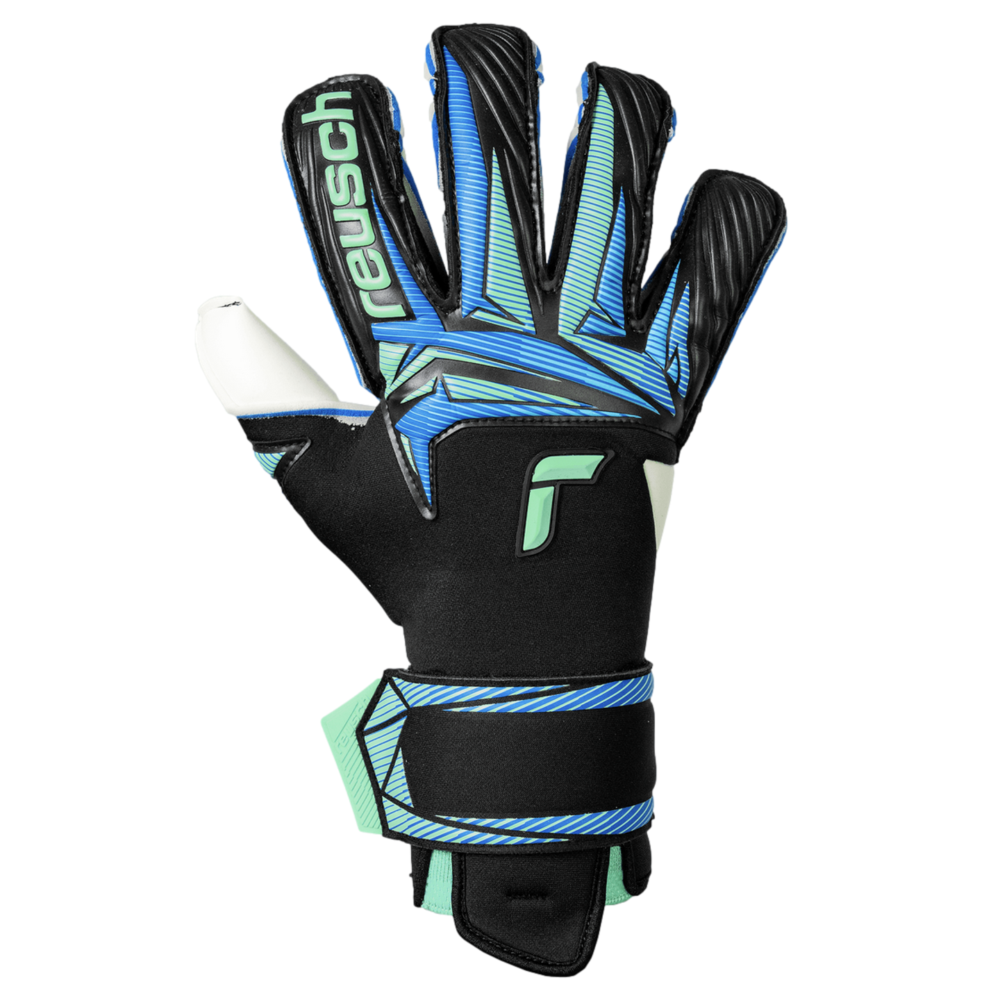 A Reusch goalkeeper glove with a black backhand and blue and lime green accents, including a striped wrist strap.