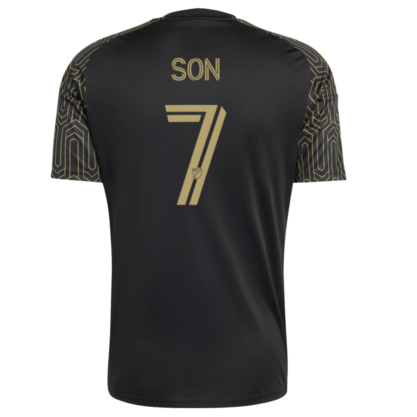 Back view of a black soccer jersey with gold "SON" name and number 7. The jersey features gold geometric patterned sleeves and a small MLS logo inside the number.