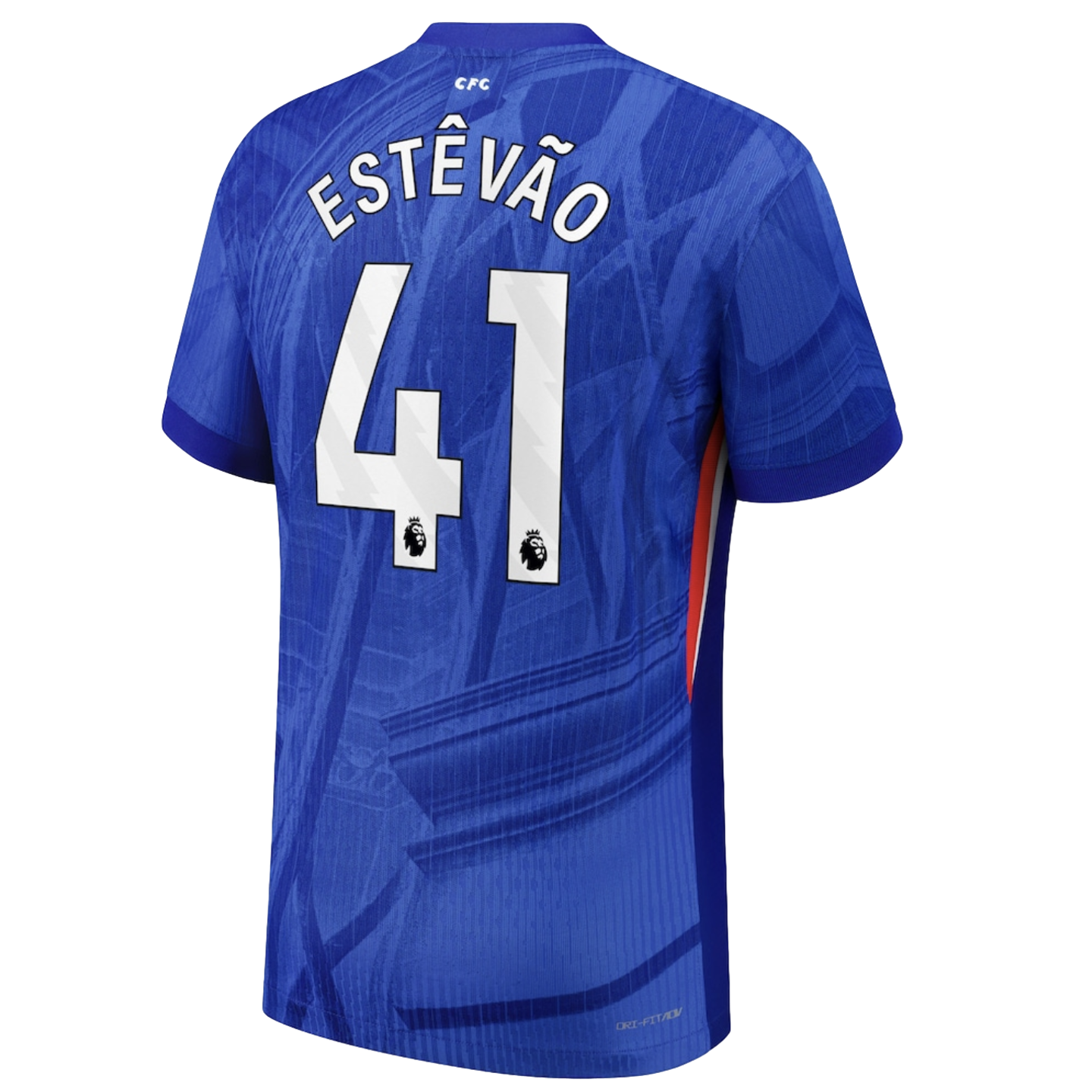 Back view of a blue Chelsea FC home jersey featuring the name "ESTÊVÃO" and number "41" in white over a textured blue pattern.