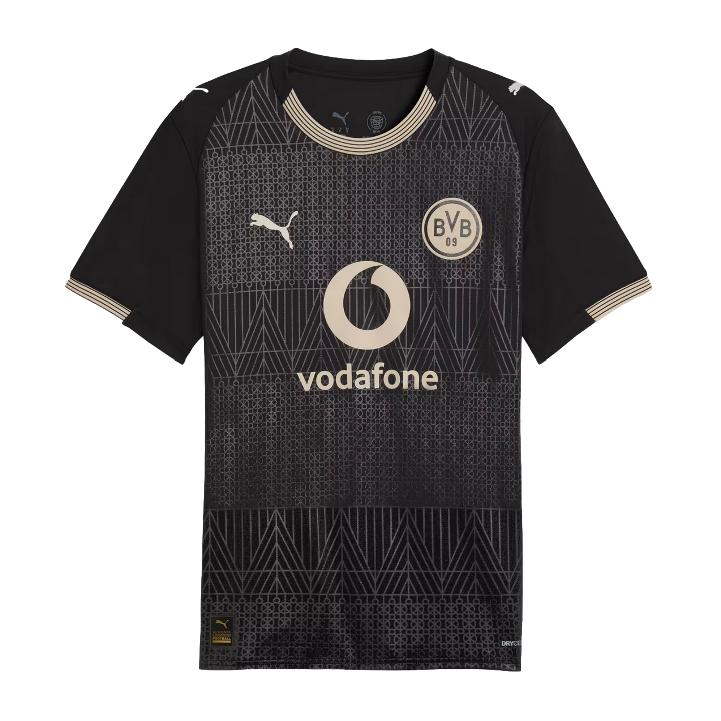 Black Borussia Dortmund (BVB) soccer jersey by Puma with geometric patterns, beige Vodafone logo, and gold trim.
