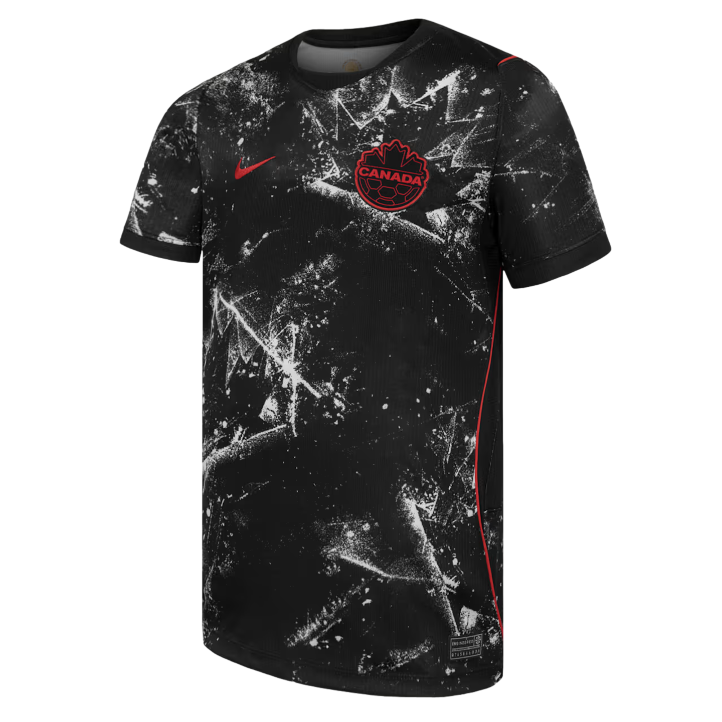 A black Canada Soccer away jersey with a white distressed splatter pattern and a faint large maple leaf design. It features a red Nike swoosh on the right chest and a red Canada Soccer crest on the left. Red piping runs along the side seams.