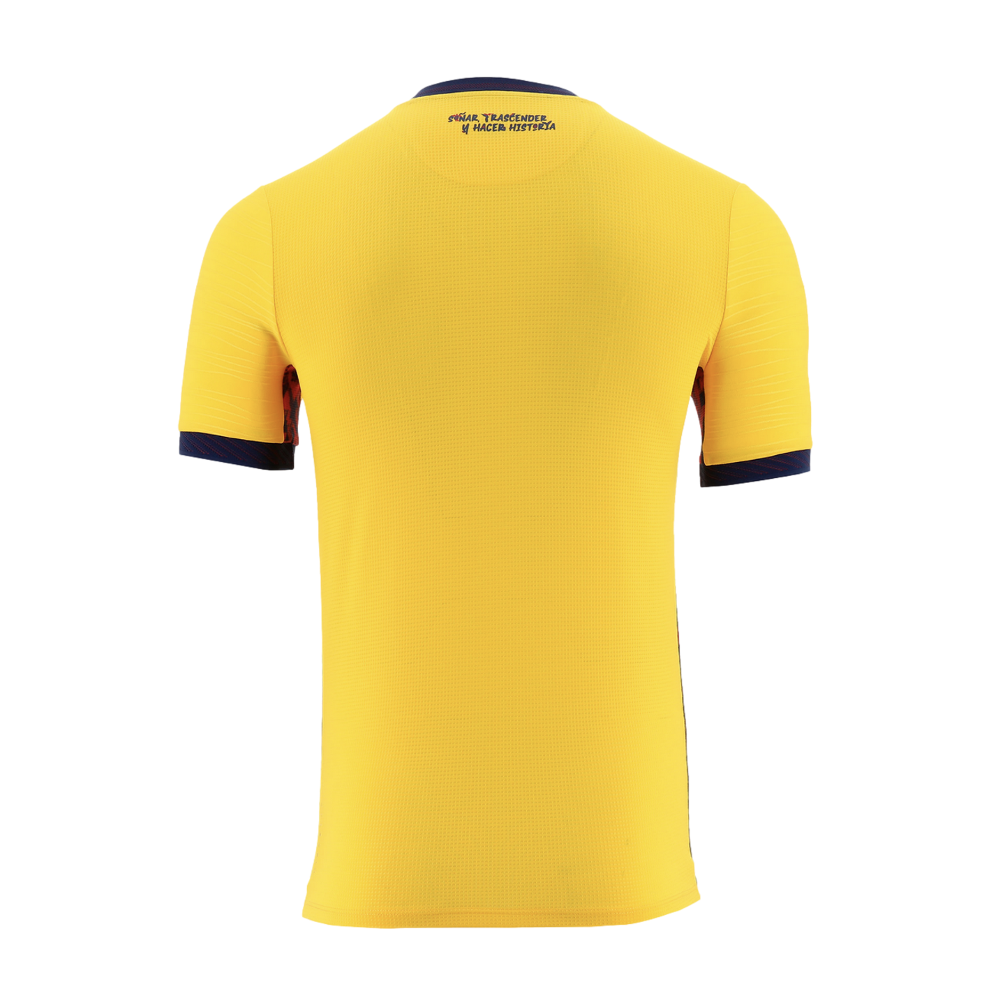 A solid yellow, short-sleeved sports jersey is shown from the back against a black background. It features navy blue trim on the collar and sleeve cuffs, and dark blue text printed on the upper back near the collar that reads "SOÑAR, TRASCENDER Y HACER HISTORIA".
