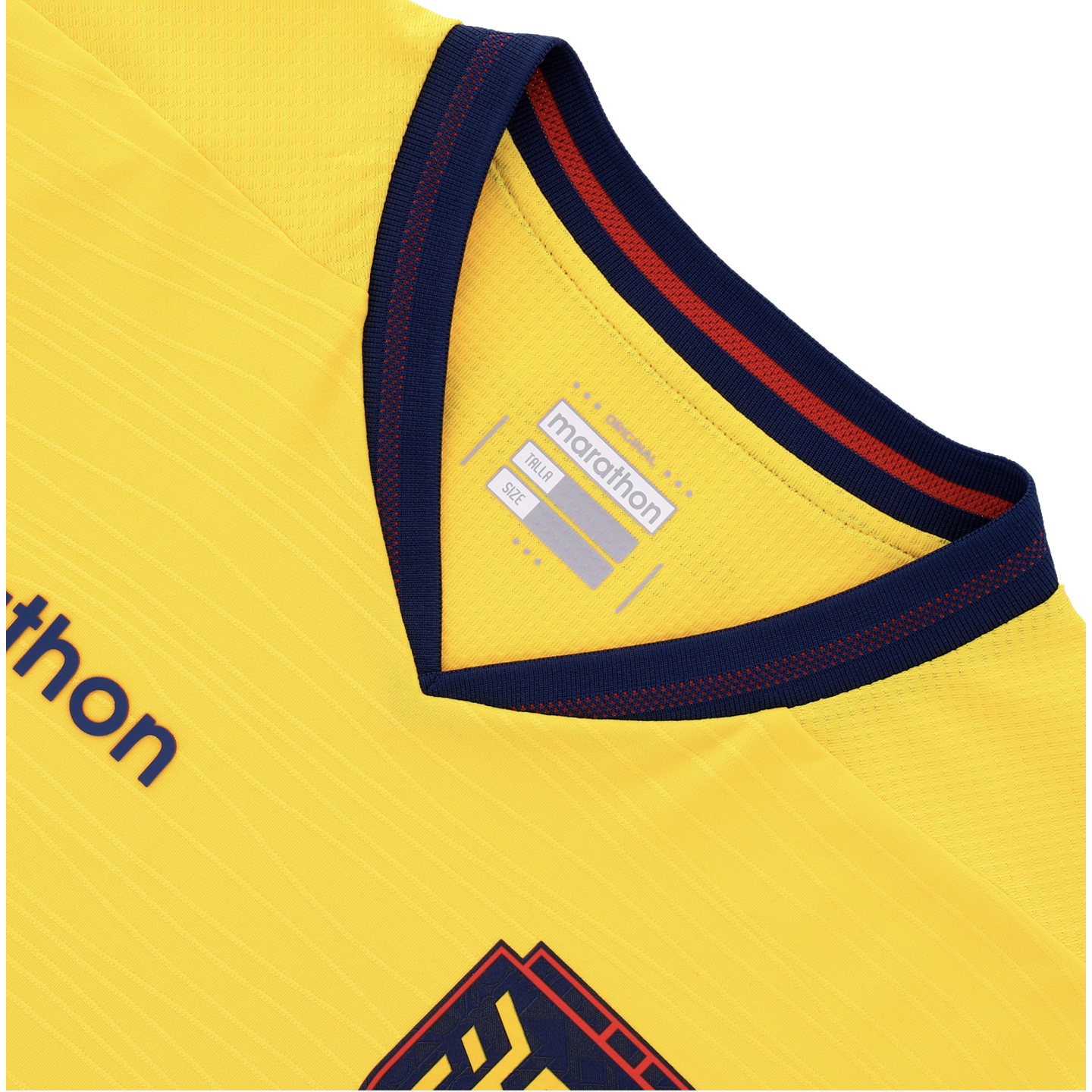 A close-up view of the collar and upper chest of a yellow sports jersey. The V-neck collar is navy blue with a thin red stripe. The brand name "marathon" is printed on the inner neck label and partially visible on the left chest.