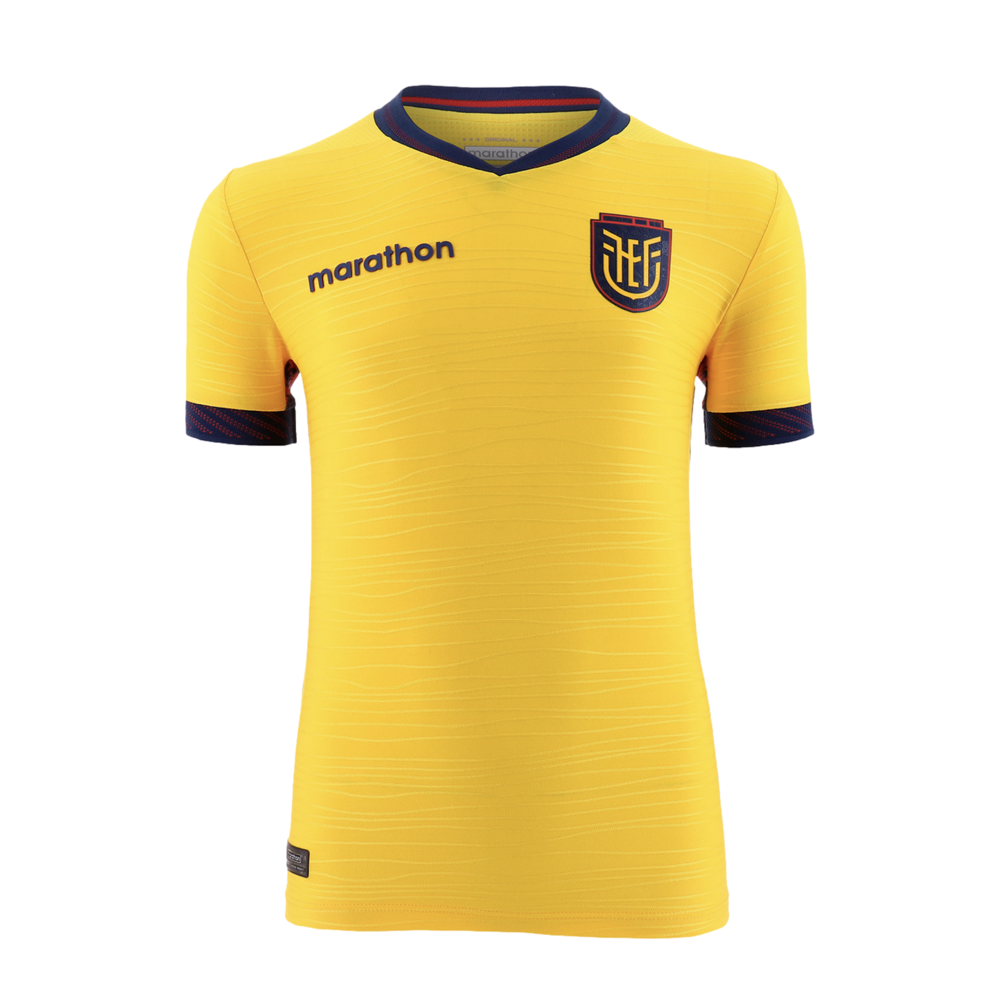 A front-facing photograph of the bright yellow Ecuador national football team home jersey against a black background. The jersey features a navy blue V-neck collar with a thin red stripe and navy blue sleeve cuffs with a red patterned trim. The "marathon" brand name is printed in navy blue on the right chest, and the FEF (Ecuadorian Football Federation) crest is on the left chest. The yellow fabric has a subtle, horizontal wavy texture.