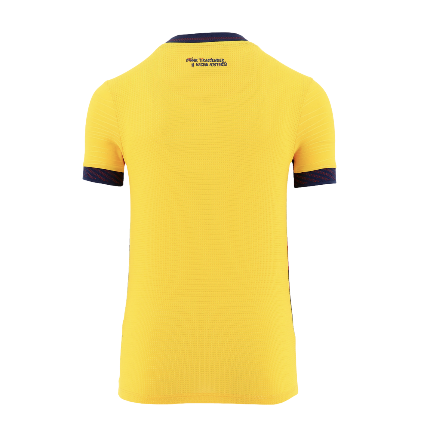 The back view of a yellow short-sleeved sports jersey against a black background. It features a navy blue collar and sleeve cuffs with a reddish-pink pattern. The Spanish phrase "SUEÑA, TRASCENDER Y HACER HISTORIA" is printed in dark blue on the upper back.
