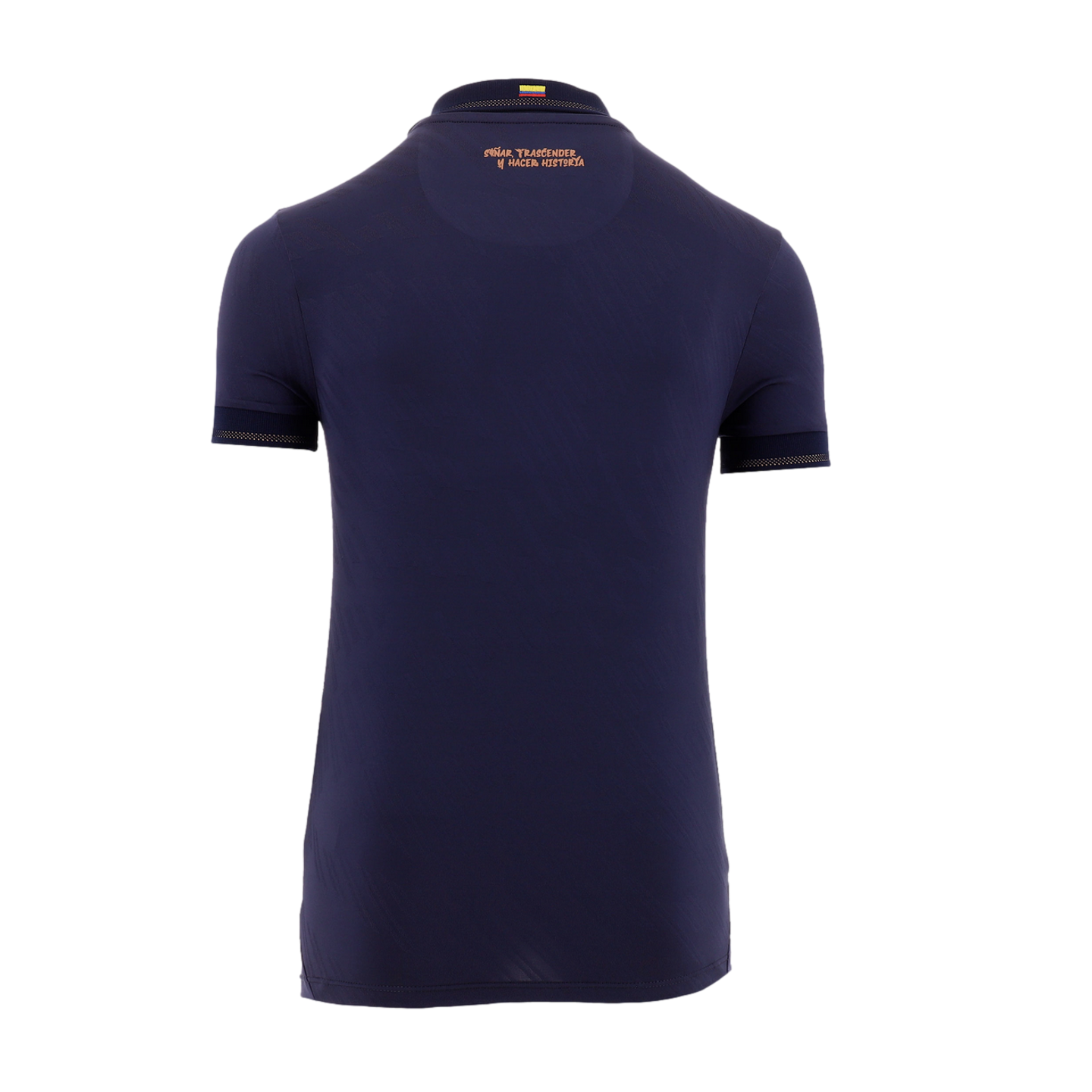 The back of a dark navy blue short-sleeved athletic shirt against a black background. At the center of the collar is a small flag of Colombia. Just below the neckline, the Spanish phrase "SOÑAR, TRASCENDER Y HACER HISTORIA" is printed in a copper-colored, hand-drawn font. The sleeves have a textured mesh band at the hems.