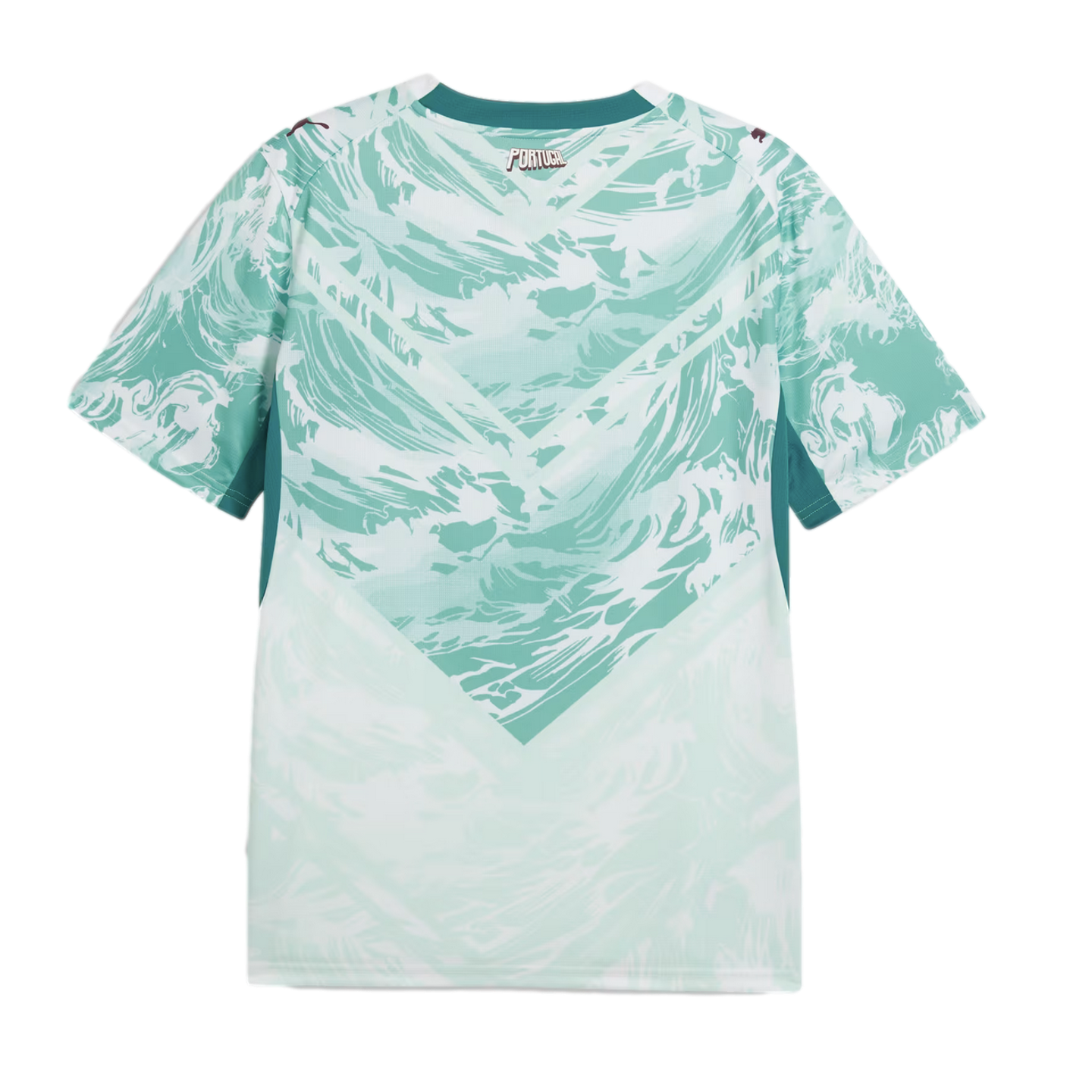 The back of a mint green and white Portugal national team soccer jersey featuring a stylized, swirling wave pattern. The pattern forms a large V-shape or chevron on the back. The word "PORTUGAL" is printed in a blocky font at the nape of the neck, and small maroon logos are visible on each shoulder.