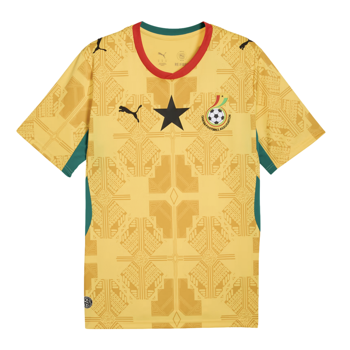 A yellow Ghana national team football jersey featuring a subtle tone-on-tone geometric pattern, a large black star on the center chest, the Puma logo, and the Ghana Football Association crest. The jersey has red and green trim on the collar and side panels.