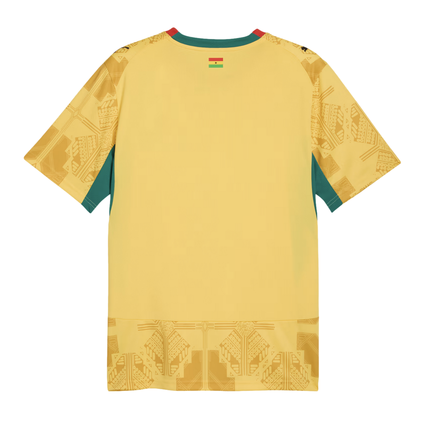 A yellow short-sleeved soccer jersey shown from the back, featuring green side panels, a red and green collar, and a small flag of Ghana on the back of the neck. Tonal geometric patterns are printed on the sleeves and the bottom hem.