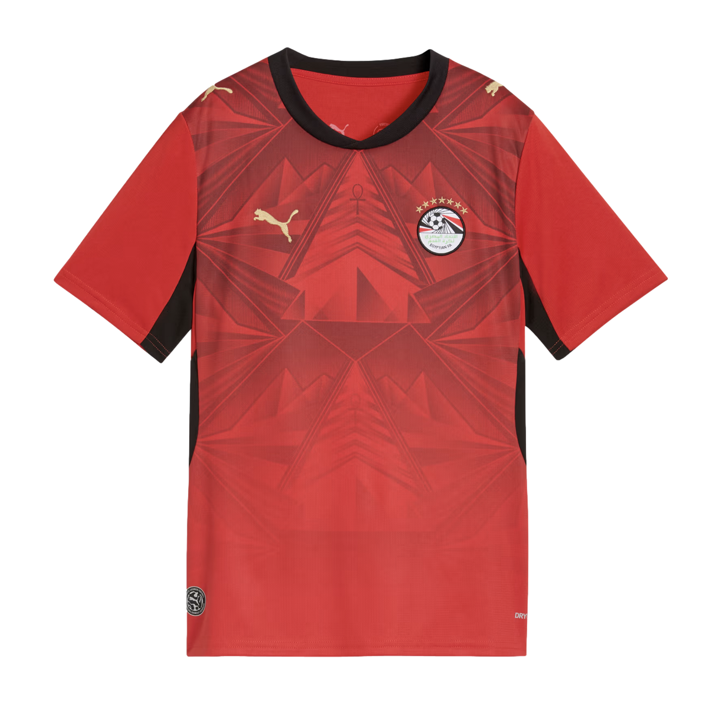 A red Puma football jersey for the Egypt national team against a black background. The shirt features a geometric tone-on-tone pattern inspired by pyramids and an ankh symbol. It has a black crew-neck collar and black trim, with gold Puma logos on the chest and shoulders. The Egyptian Football Association crest is on the left chest, topped with seven gold stars.