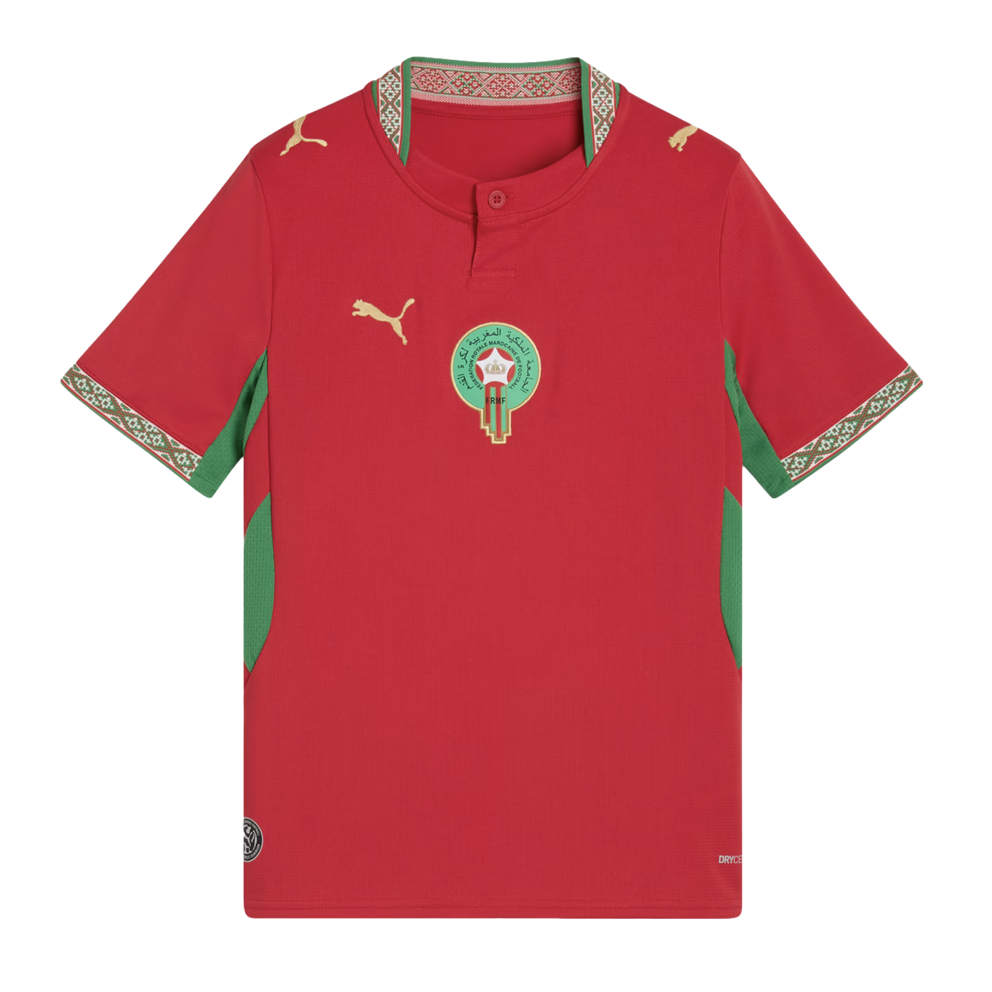 A red Morocco national football team home jersey by Puma, featuring the national team crest in the center, golden Puma logos on the right chest and shoulders, and green accents on the sides and sleeves. Intricate patterned trim adorns the collar and sleeve cuffs against a solid black background.
