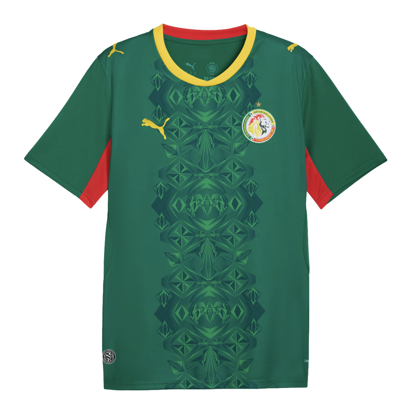 A forest green Senegal national team soccer jersey by Puma featuring a vertical, tonal geometric pattern down the center. It has a yellow round neck with a red interior, red panels on the underarms, and yellow Puma logos on the chest and shoulders. The Senegal team crest is displayed on the left chest.