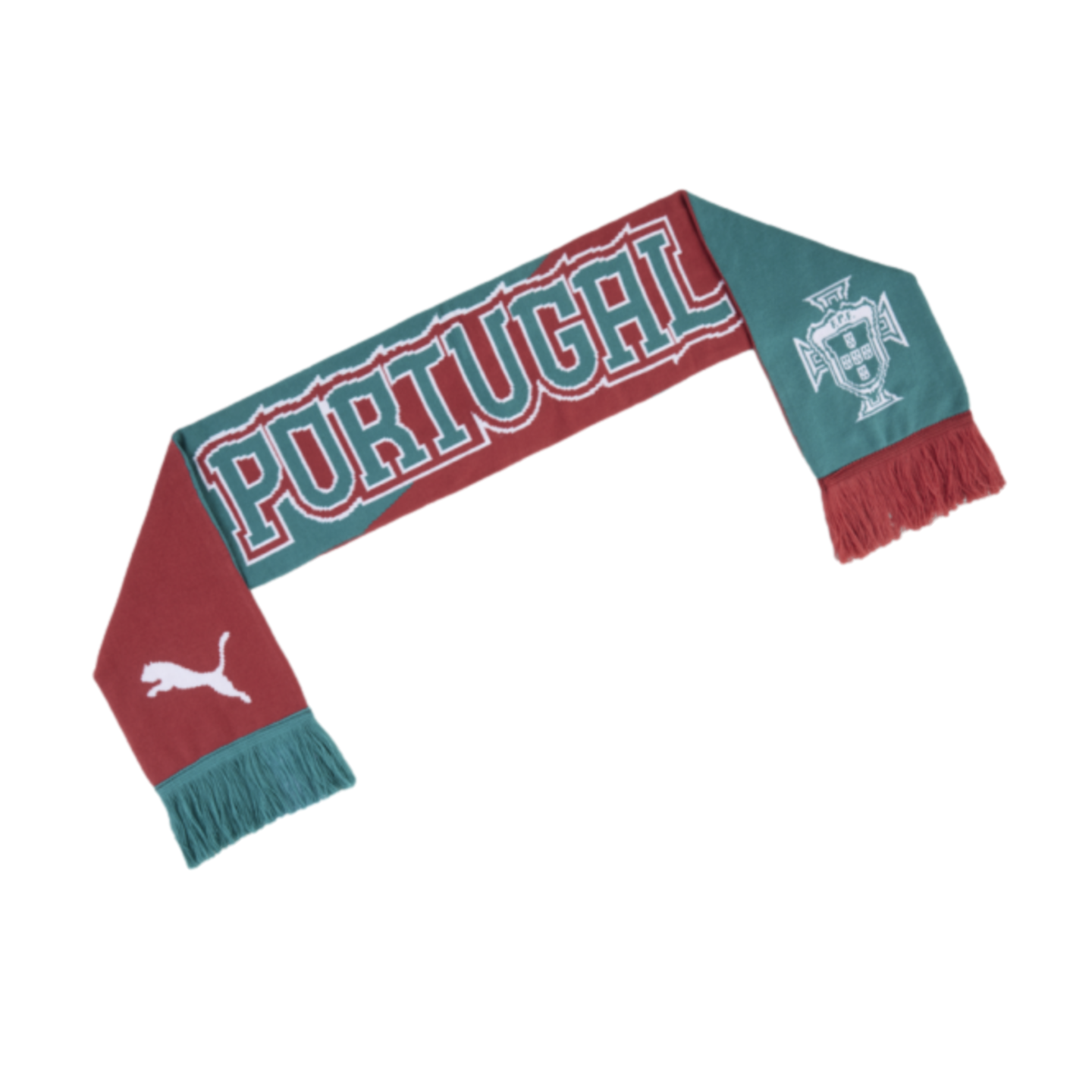 A red and teal sports scarf featuring "PORTUGAL" in large block letters across the center. One end displays a white Puma logo on a red background with teal fringe, while the other shows a white Portuguese national football team crest on a teal background with red fringe.
