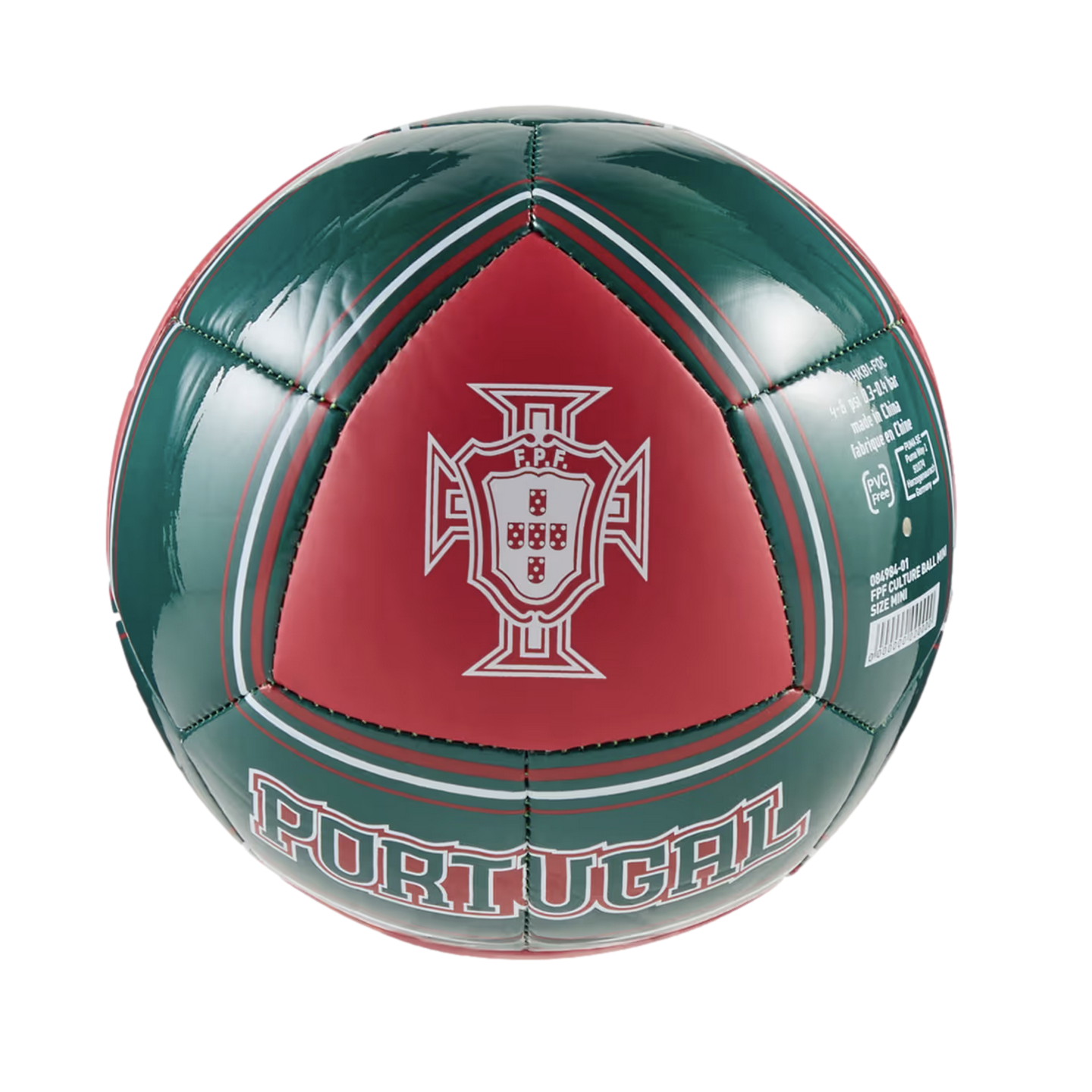 A green and red soccer ball featuring the white crest of the Portuguese Football Federation (FPF) on a central red panel and the word "PORTUGAL" in large letters across the bottom.