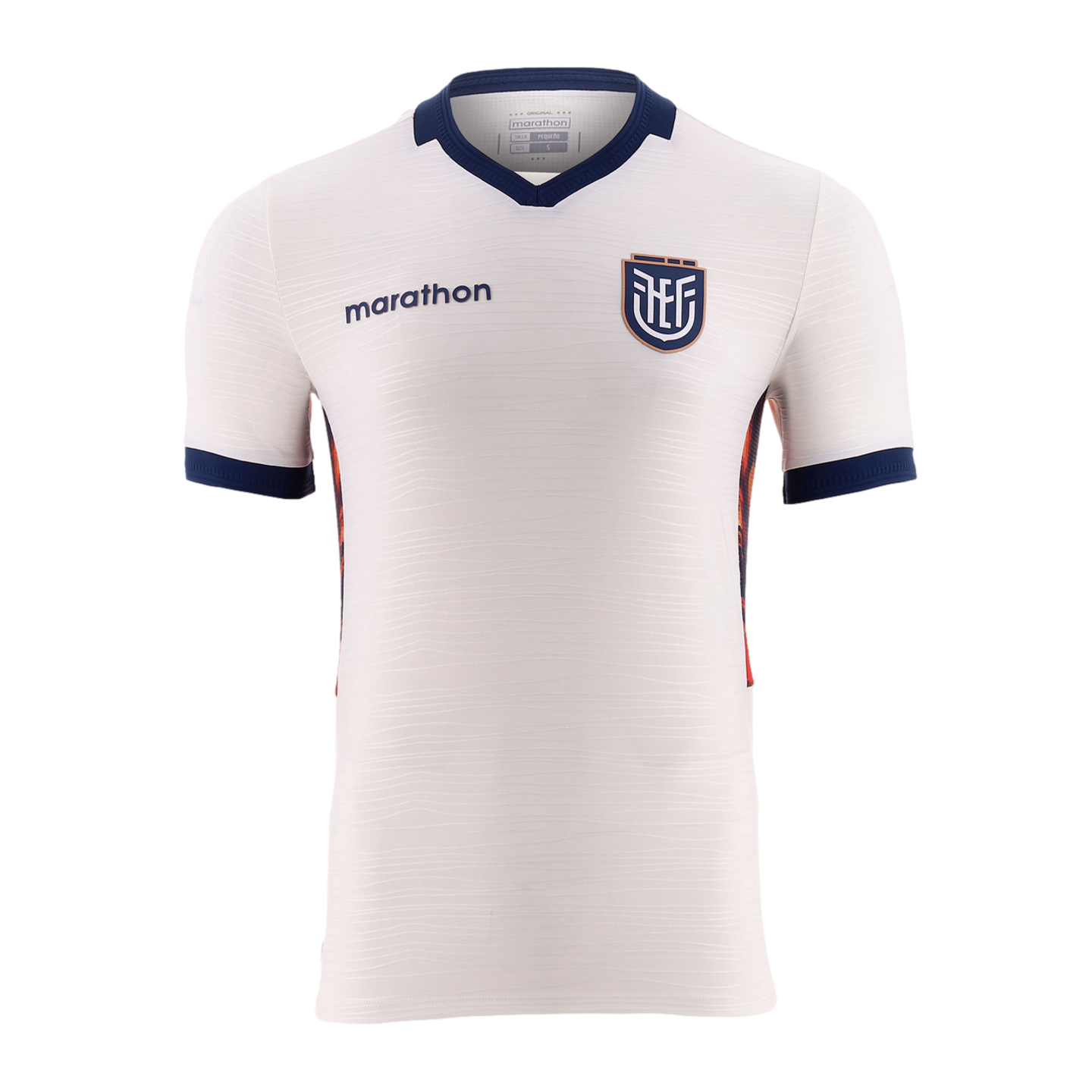 A front-view of a white, short-sleeved soccer jersey featuring a dark blue V-neck collar and matching sleeve cuffs. The "marathon" brand name is printed in blue on the right chest, while a shield-shaped team crest is positioned on the left. The fabric has a subtle, wavy horizontal texture throughout.