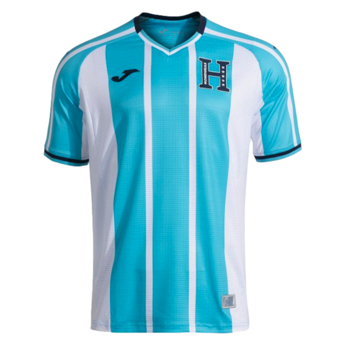 A light blue and white vertically striped Honduras national team soccer jersey with a navy blue V-neck and sleeve trim, featuring a stylized 'H' crest on the chest.