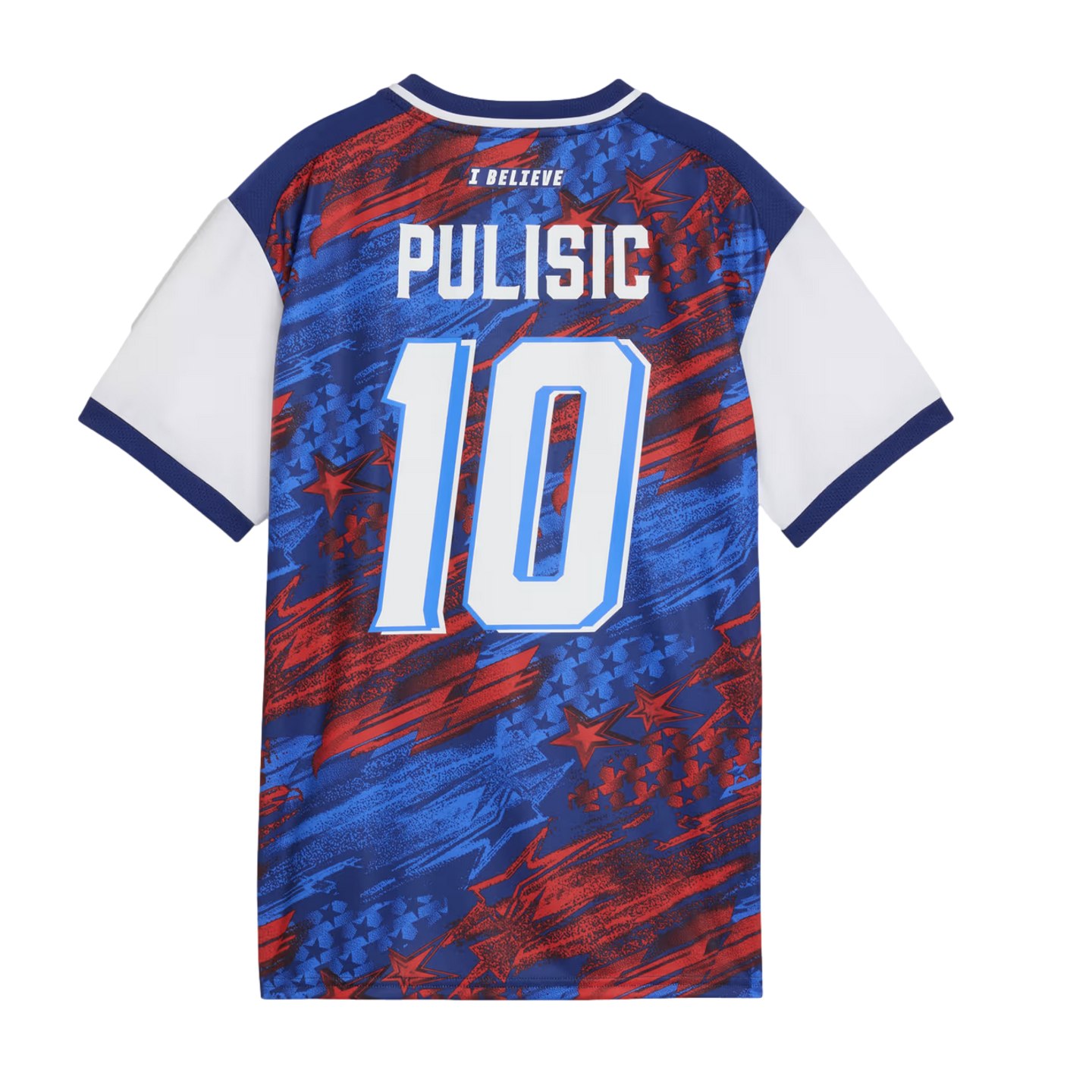 The back of a patriotic-themed soccer jersey featuring the name "PULISIC" and number "10" in large white block letters. The main body of the jersey has a dynamic red and blue graphic pattern with stars and brushstroke textures. The sleeves are solid white with navy blue cuffs, and the phrase "I BELIEVE" is printed in small white letters at the top center.