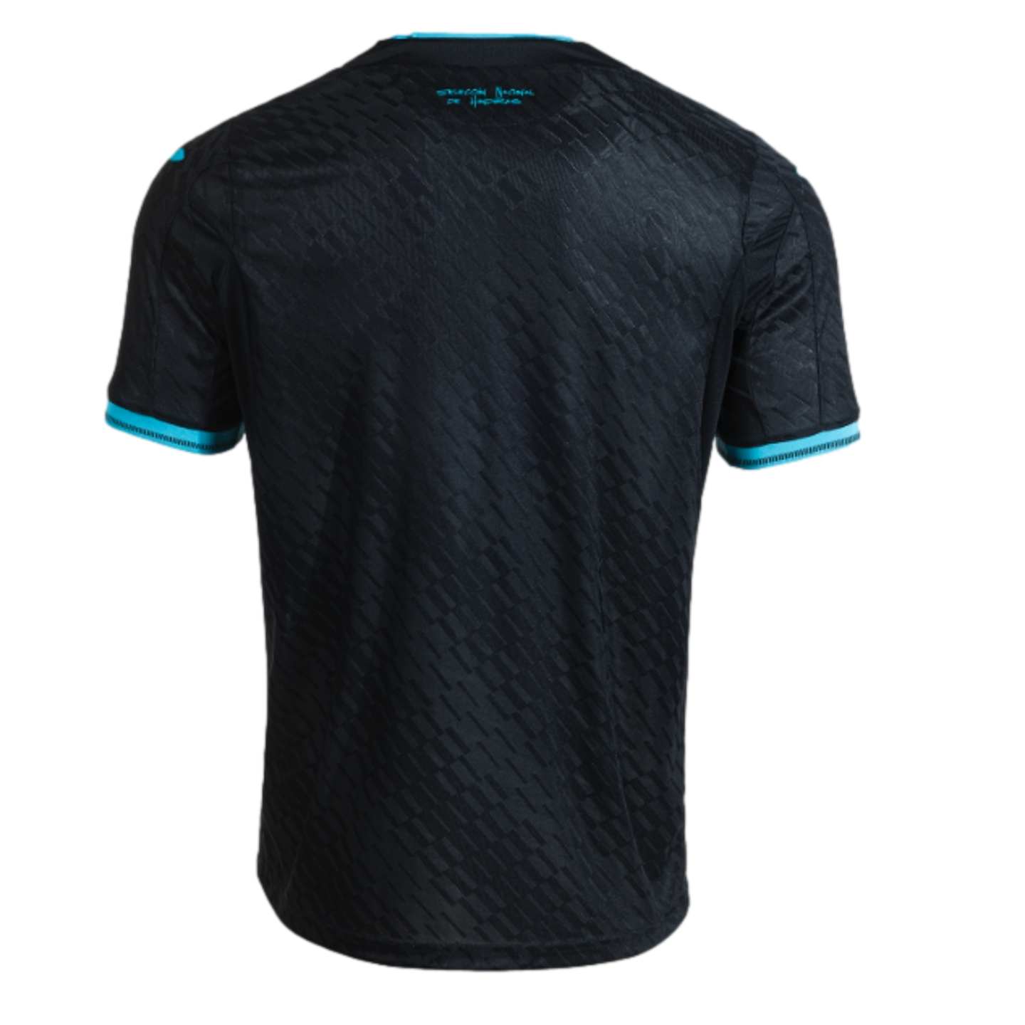 The back view of a black short-sleeved soccer jersey with a subtle, repeating geometric pattern. The sleeve cuffs and back of the collar are accented with bright turquoise trim. Centered just below the collar is small turquoise text that reads, "SELECCIÓN NACIONAL DE HONDURAS."