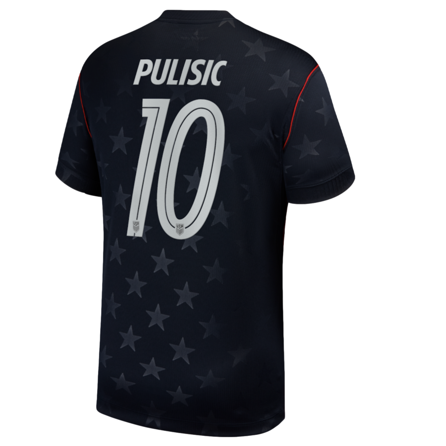 Back view of a navy blue soccer jersey featuring "PULISIC" and number "10" in white. The shirt has a subtle star print and red shoulder piping.