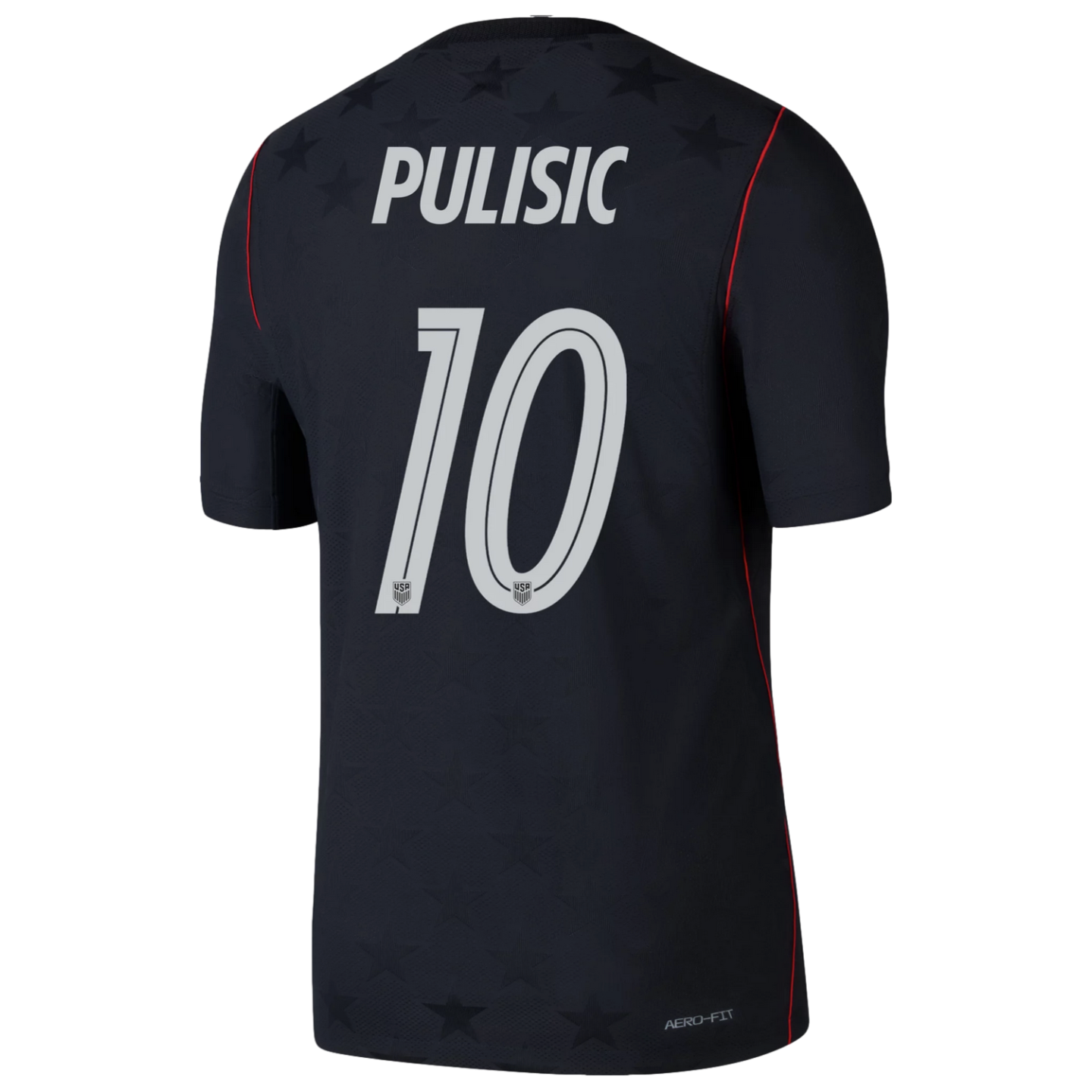 A rear view of a dark navy soccer jersey with "PULISIC" and the number "10" printed in silver. The jersey features subtle tonal stars across the shoulders and bottom, thin red vertical piping on the sides, and "AERO-FIT" branding near the hem.