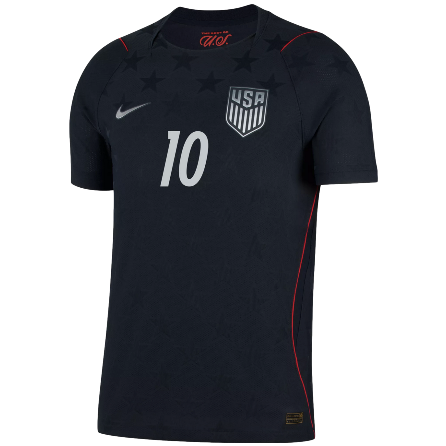 A black Nike U.S. soccer jersey featuring the number 10, a silver national team crest, and thin red accents.