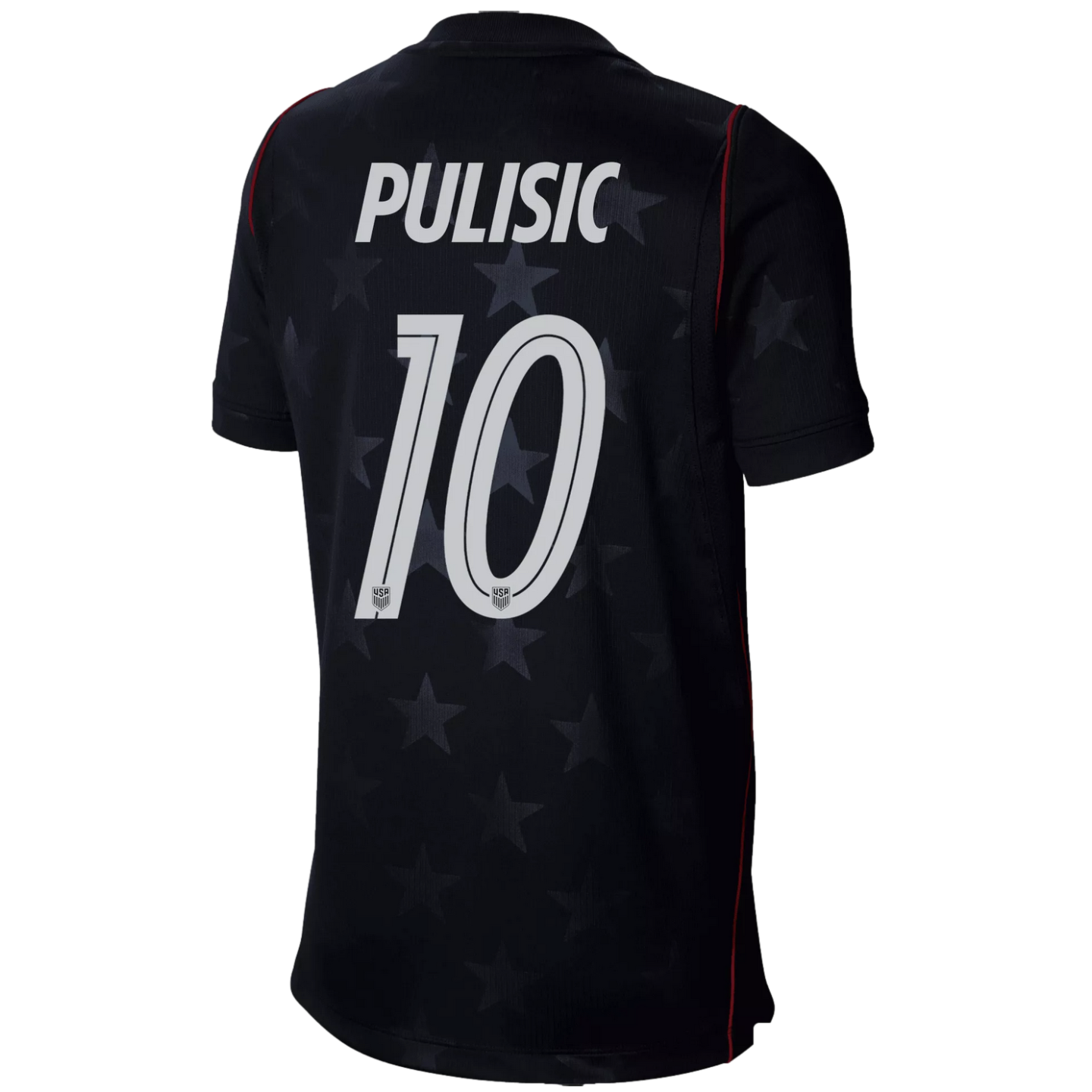 The back of a black soccer jersey with “PULISIC” and the number “10” in white. The jersey features a subtle tonal star pattern and thin red trim along the seams.