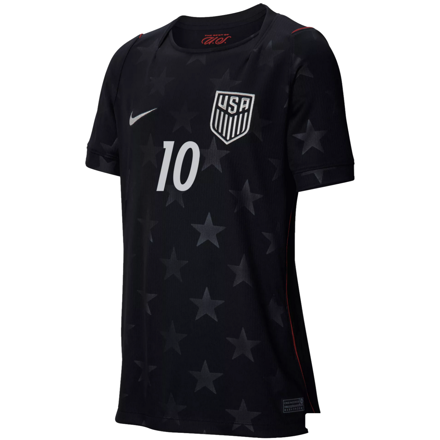 A black short-sleeved USA soccer jersey featuring a tonal black star pattern. The jersey has a white number "10" in the center, a white Nike swoosh on the right chest, and a white USA soccer crest on the left chest. Red accents are visible on the inside of the collar and at the bottom hem.