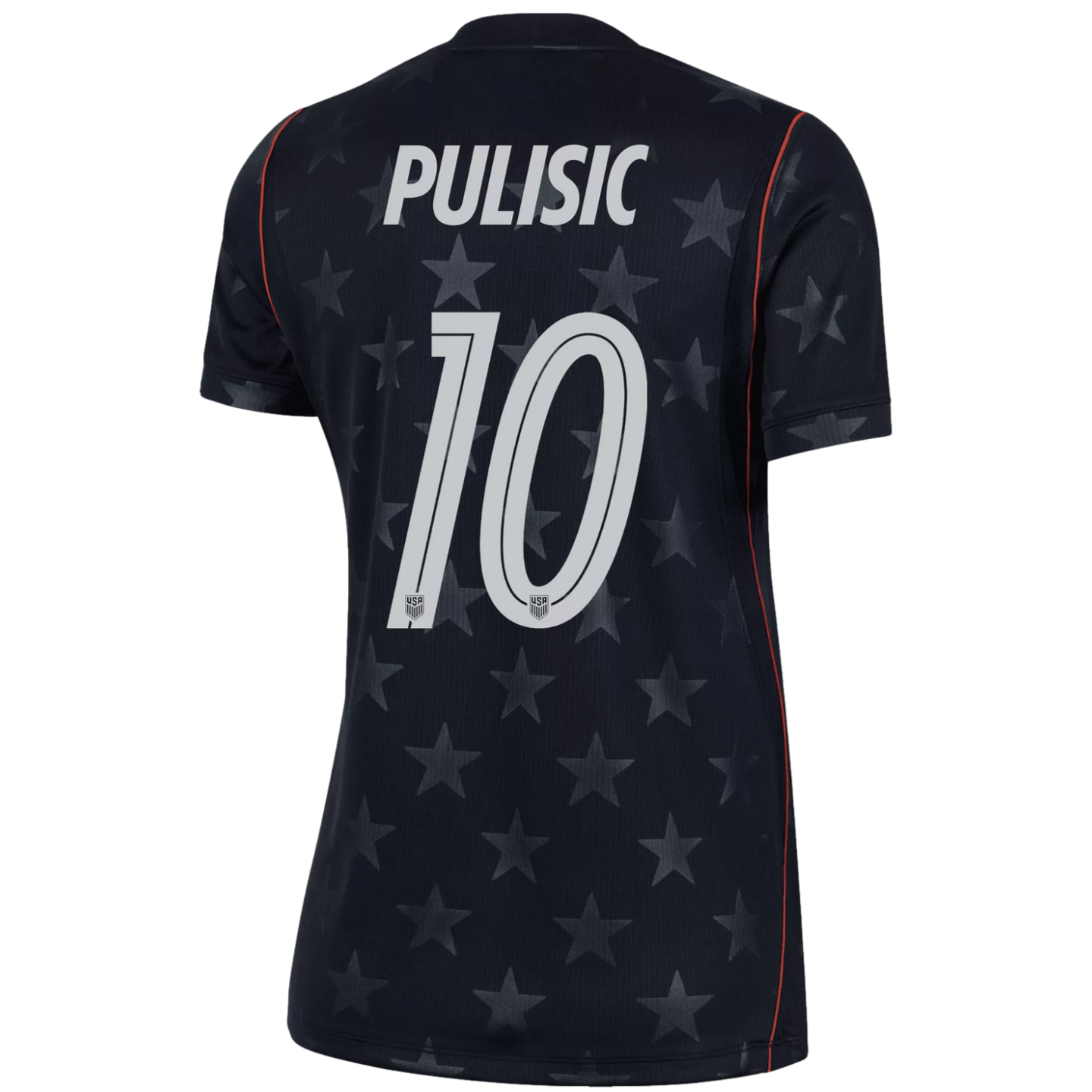 Back of a navy blue USA soccer jersey with white 'PULISIC' and number 10. The fabric has a subtle gray star pattern and thin red seams on the shoulders.